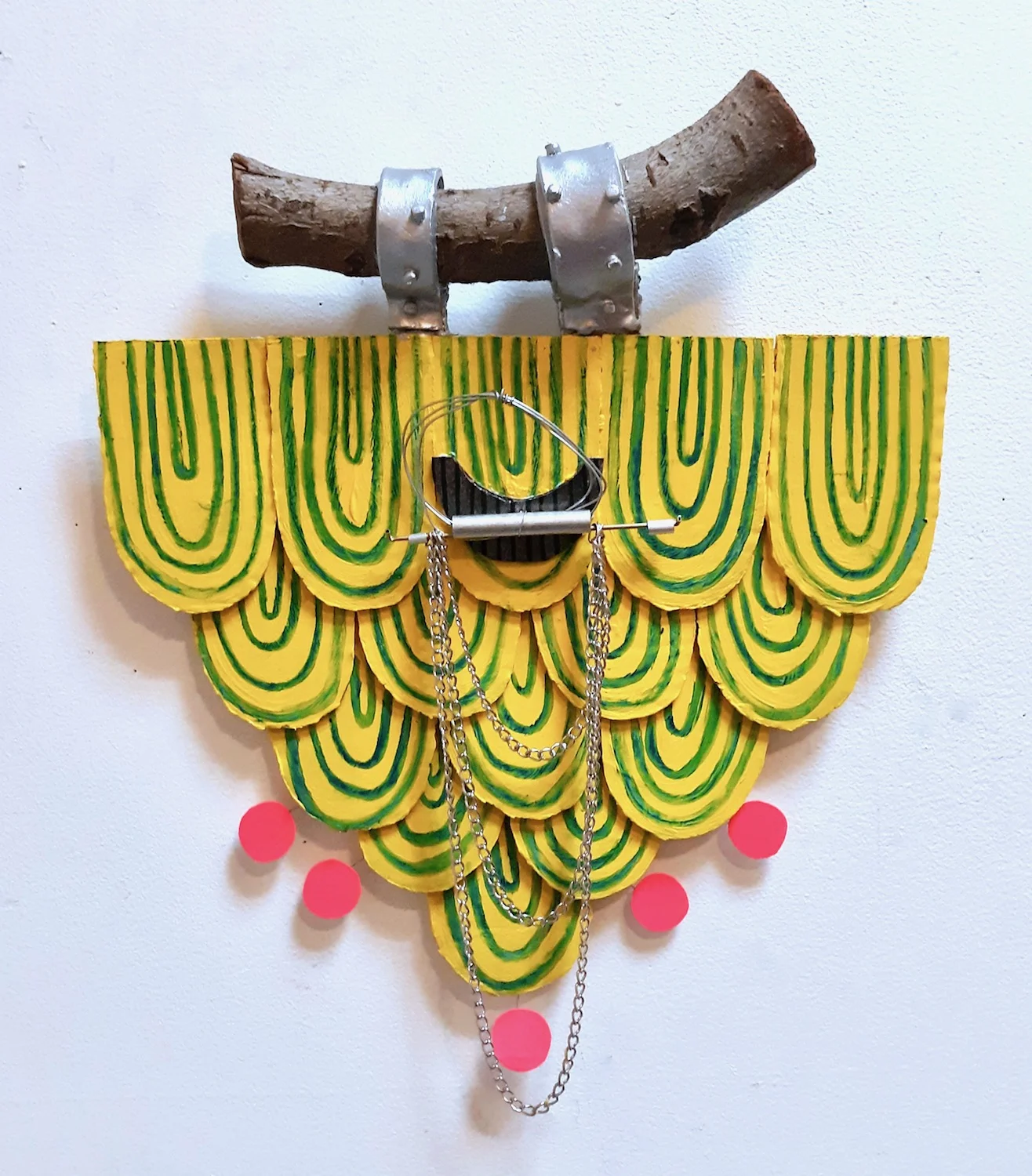 new shield, 2019 / cardboard, wood, paper clay, chain, aluminum, wire, acrylic paint, oil pastel / 17 x 15 x 4 inches