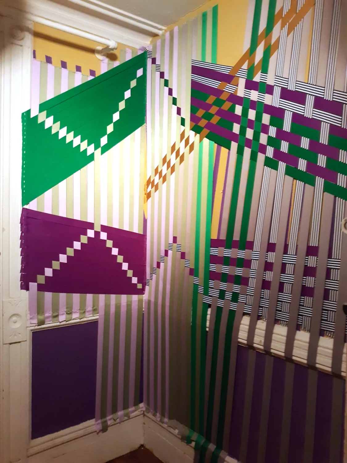 System of My Losses III, 2019 / grosgrain and satin ribbon / dimensions variable / site-specific installation in Diane's Circus, Brooklyn, NY