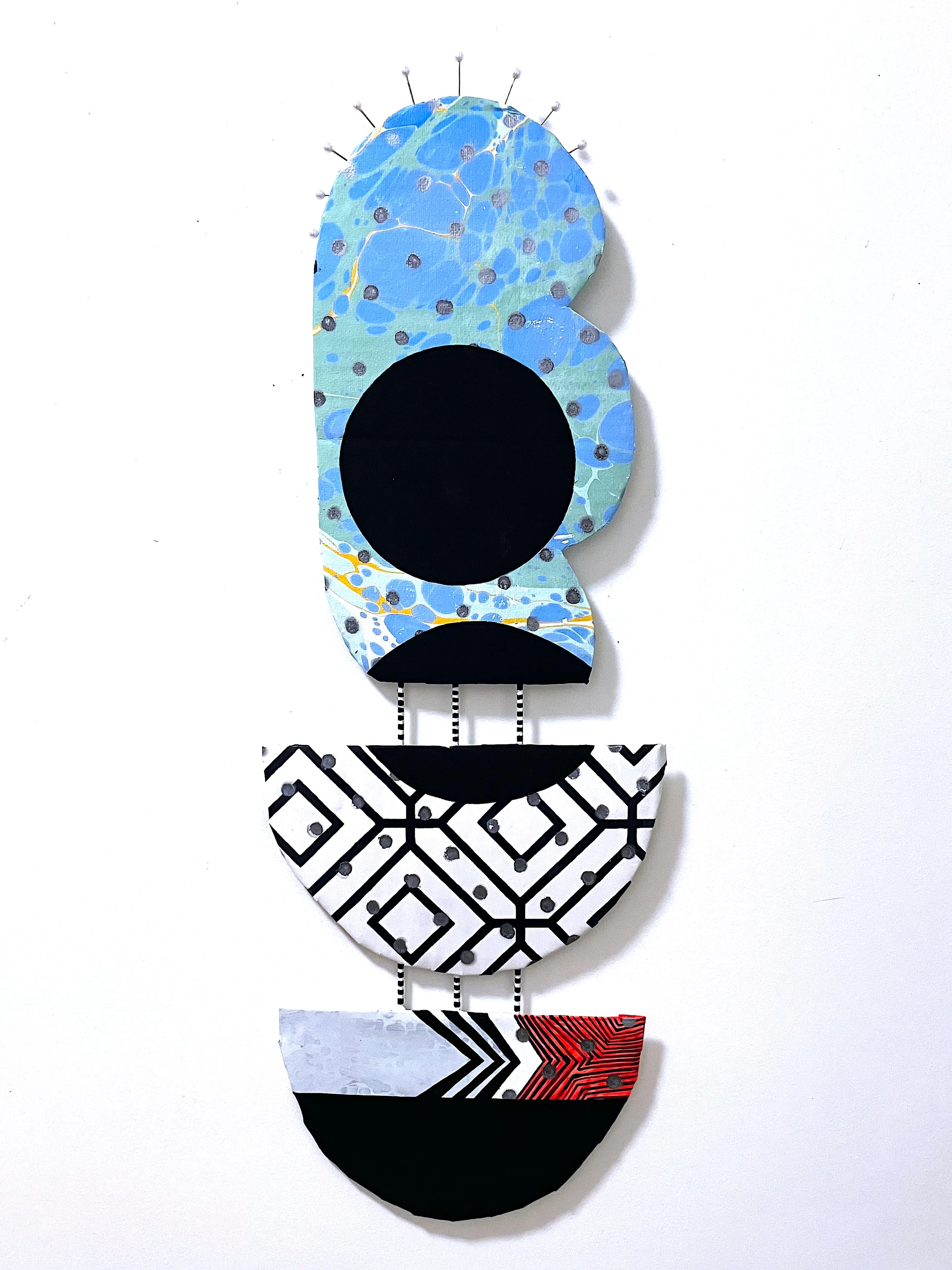 a queens ascent / paper, wood, vintage wallpaper, spray paint, acrylic paint, flashe paint, vintage pins / 27 x 12 x 2 inches