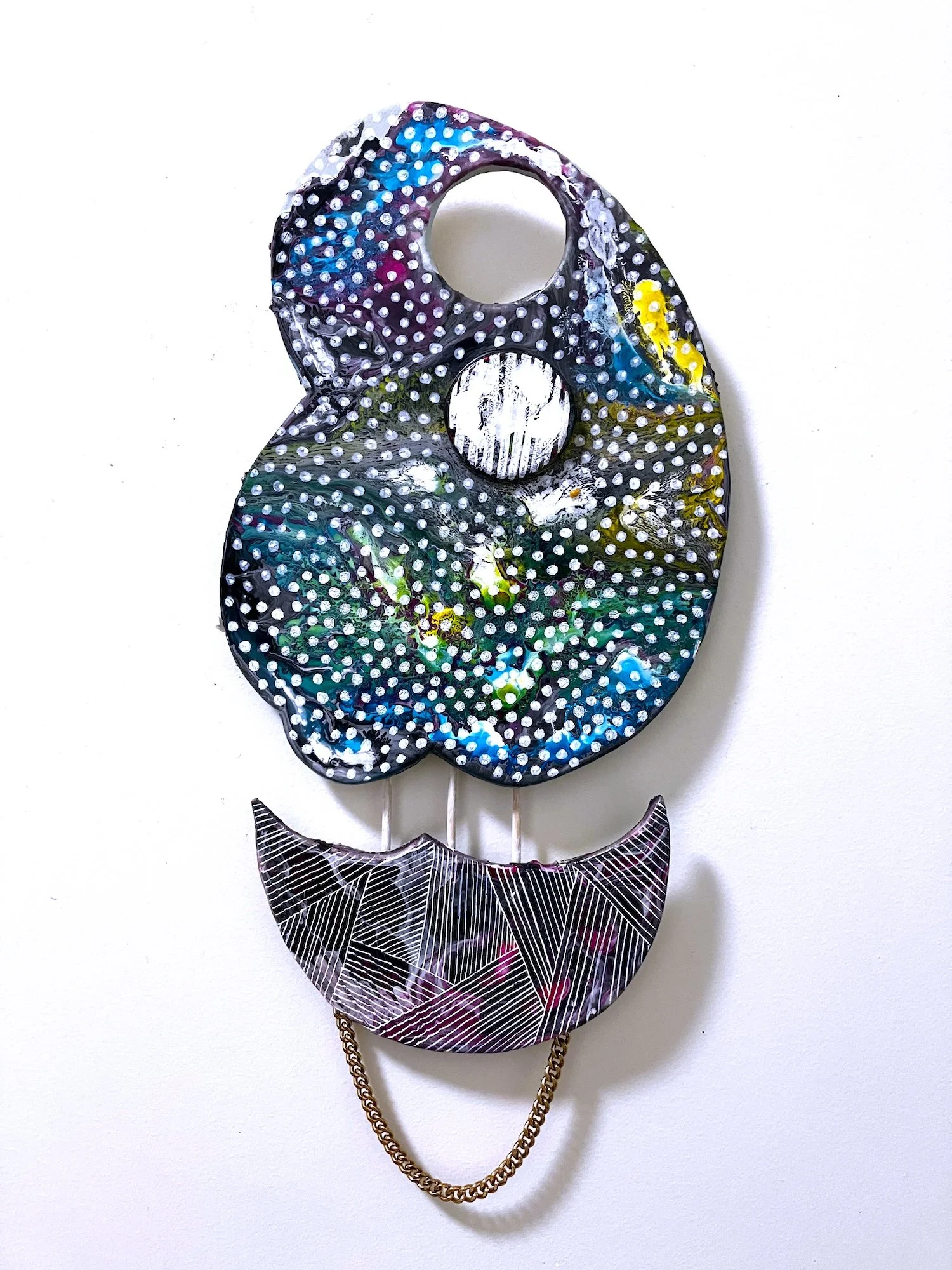 including everything within it, 2023 / paper clay, wood, acrylic paint, metal chain / 18 x 11 x 3 inches