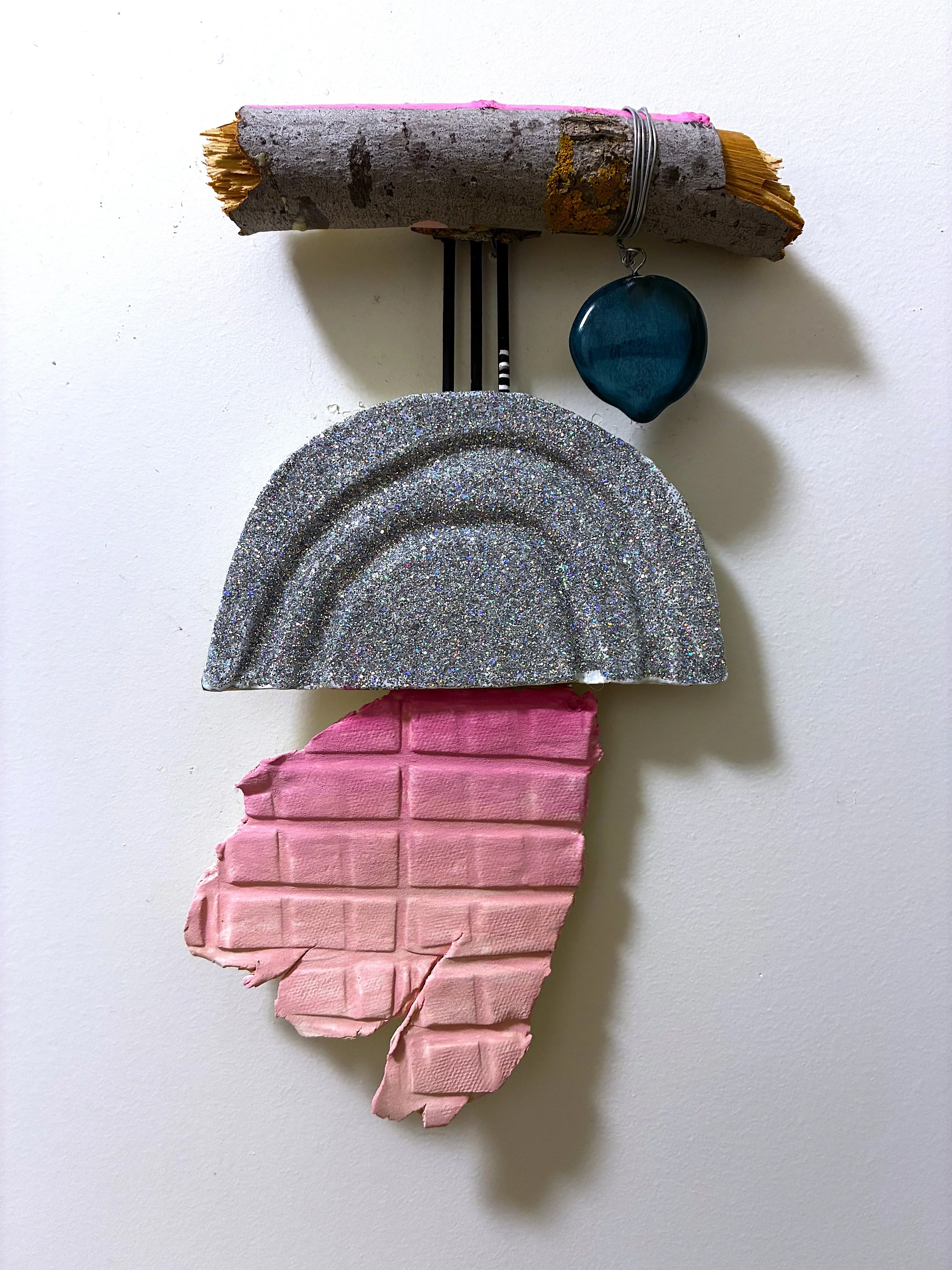 a fairytale, 2026 / wood, paperclay, glazed ceramic, wire, acrylic and gouache paint, glitter / 11 x 7 x 2 inches