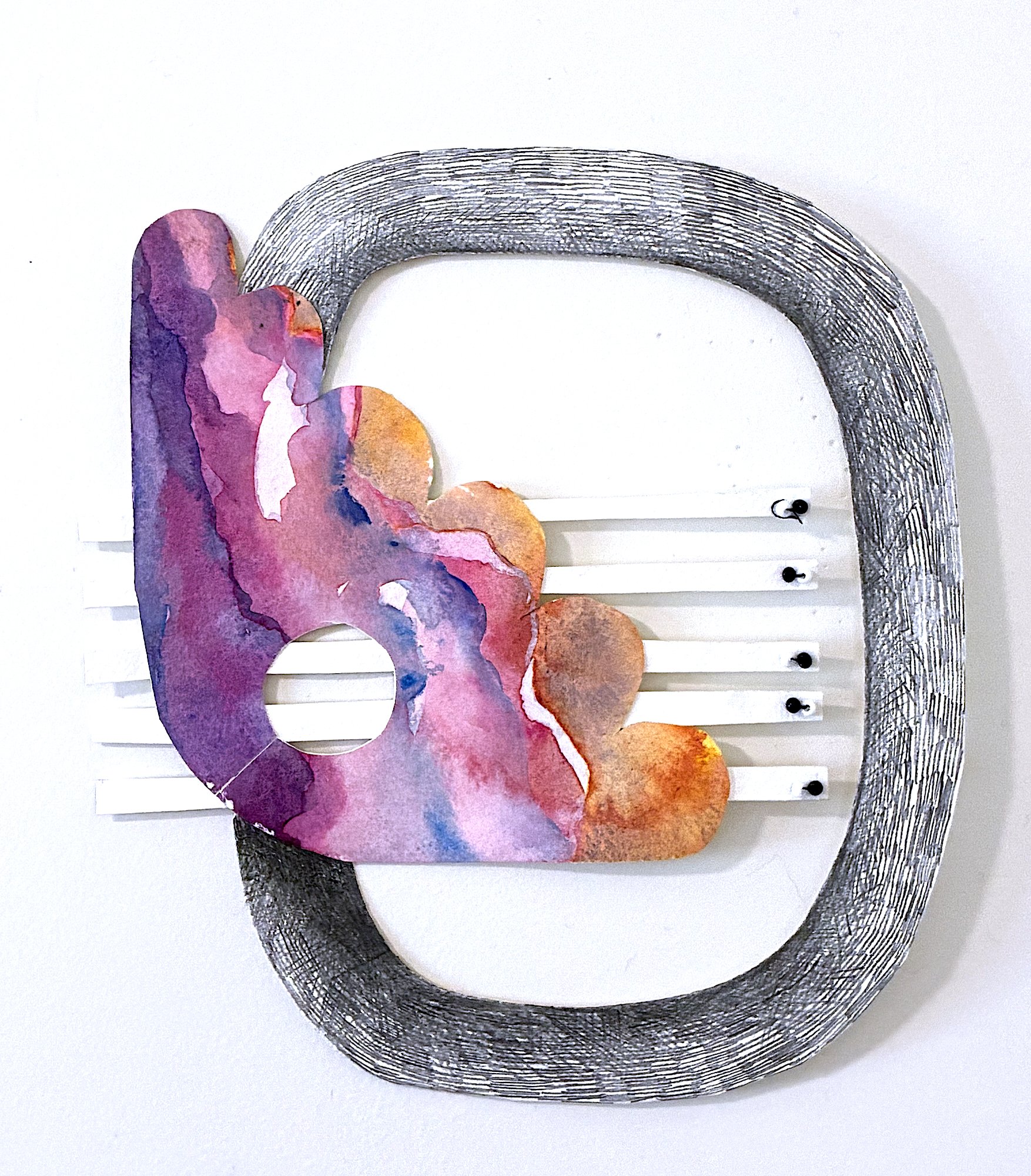 the tissue of hearts toil, 2026 / paper, watercolor, graphite, thread, glass beads / 8 x 7"