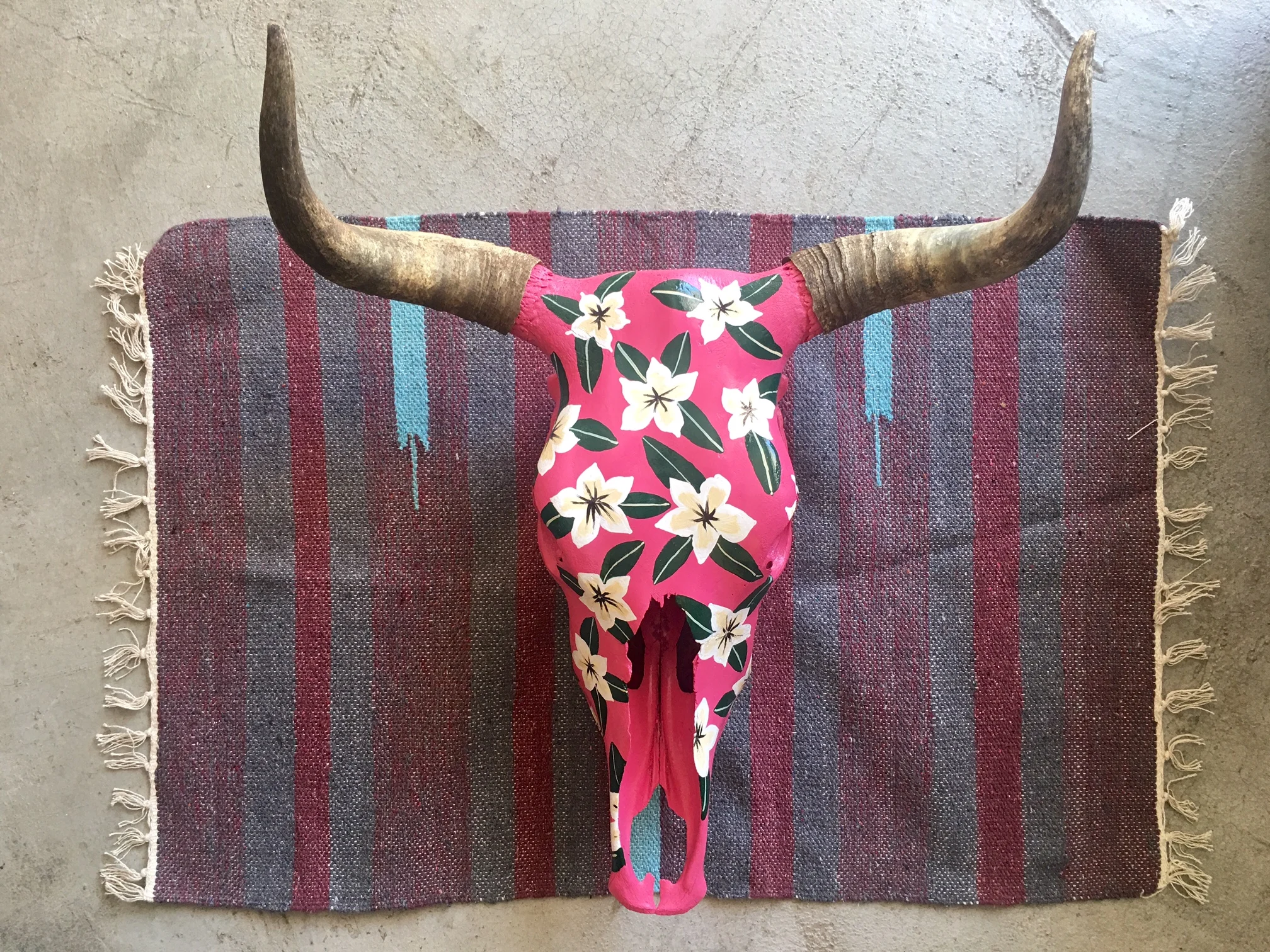 Hand Painted Hibiscus Cow Skull 