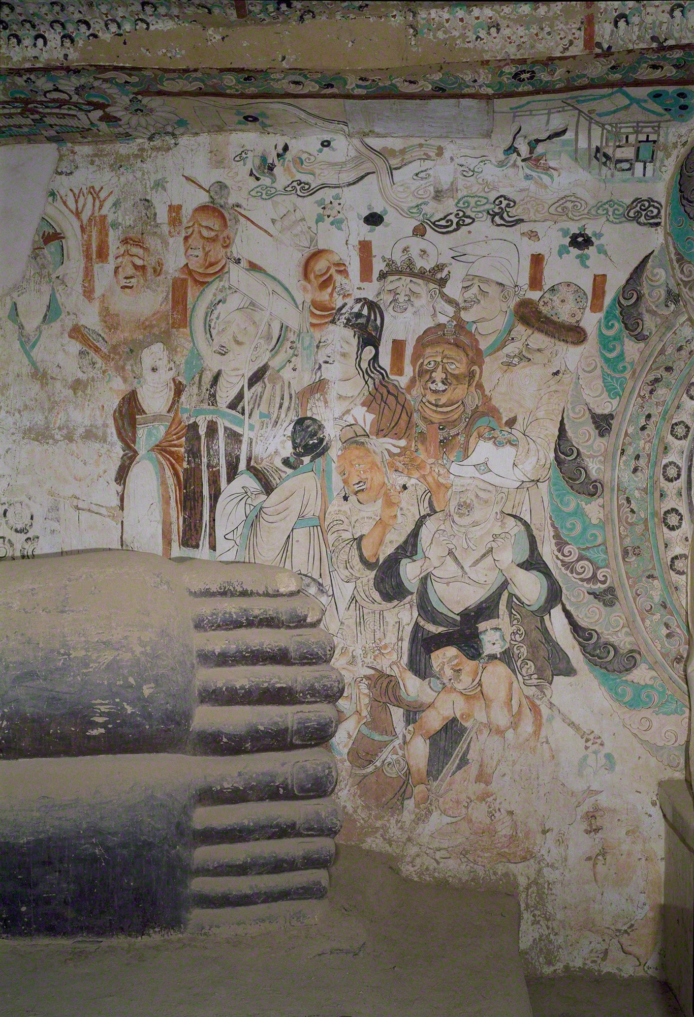 Mural at the foot of the reclining Buddha in Cave 158, 781-848 CE, Dunhuang. Photo by Wu Jian. Image courtesy of the Dunhuang Academy.