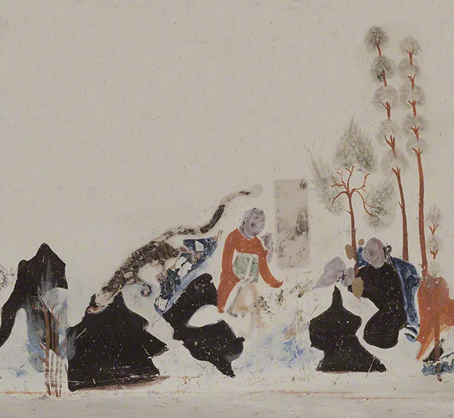 Detail of Syama's mourning parents from the Syama jataka tale mural. Mogao Cave 302. Sui, 581-618 CE. Dunhuang. Image courtesy of the Dunhuang Academy.