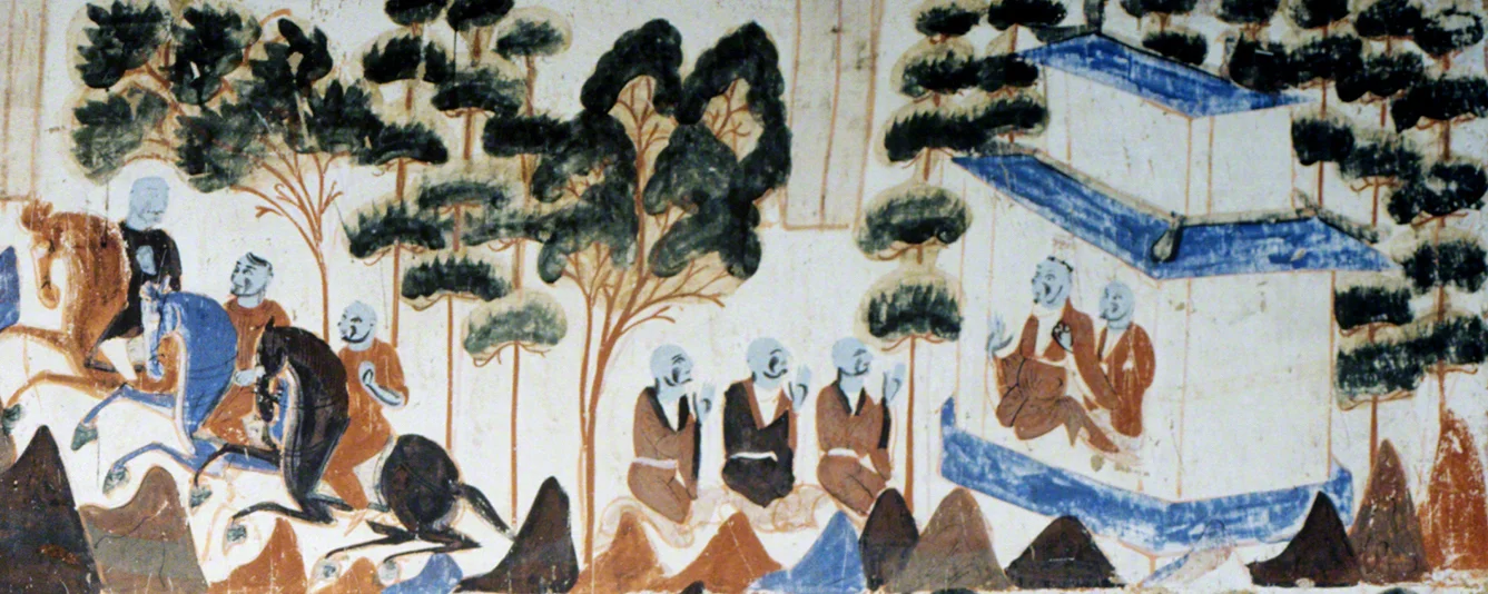 Detail of the three princes paying their respects to the king and queen before they leave for the forest. First register, right section. Mogao Cave 428. Northern Zhou, 557-581 CE. Dunhuang. Image courtesy of the Dunhuang Academy.