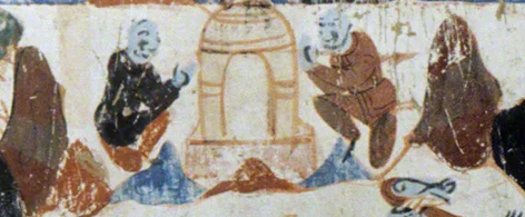Detail of the brothers building a stupa over Prince Mahasattva's remains. Third register. Mogao Cave 428. Northern Zhou, 557-581 CE. Dunhuang. Image courtesy of the Dunhuang Academy.