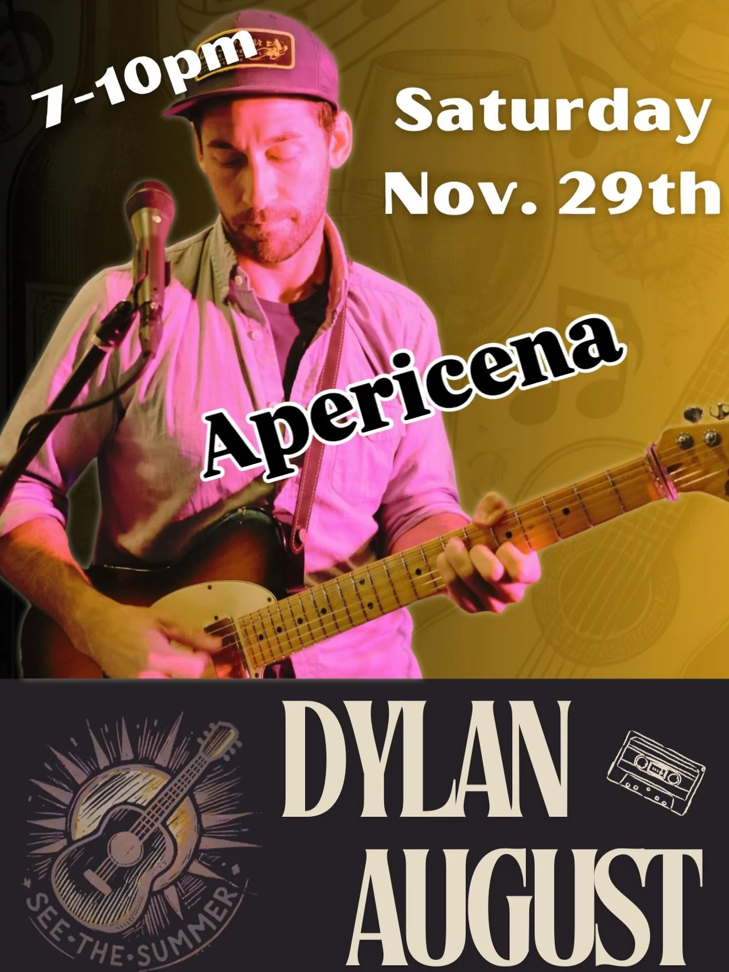 Dylan August will be at @apericenawine this Saturday (11/29) from 7-10pm. Stop by if you&rsquo;re free! 🎶😎