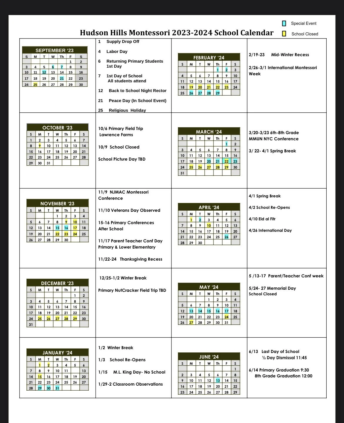 Calendar — Hudson Hills Montessori