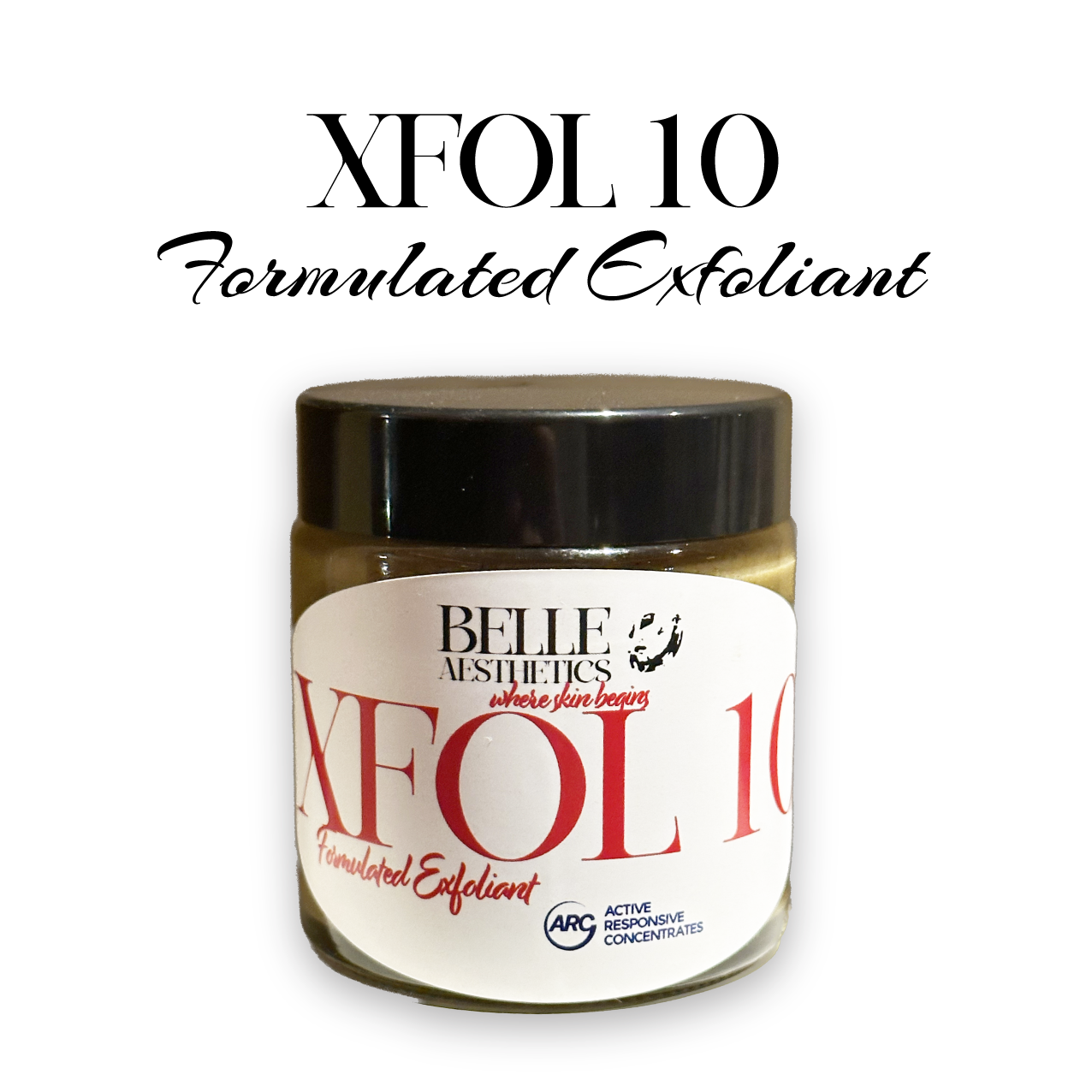 Belle Aesthetics Xfol 10 Exfoliant jar with black lid.