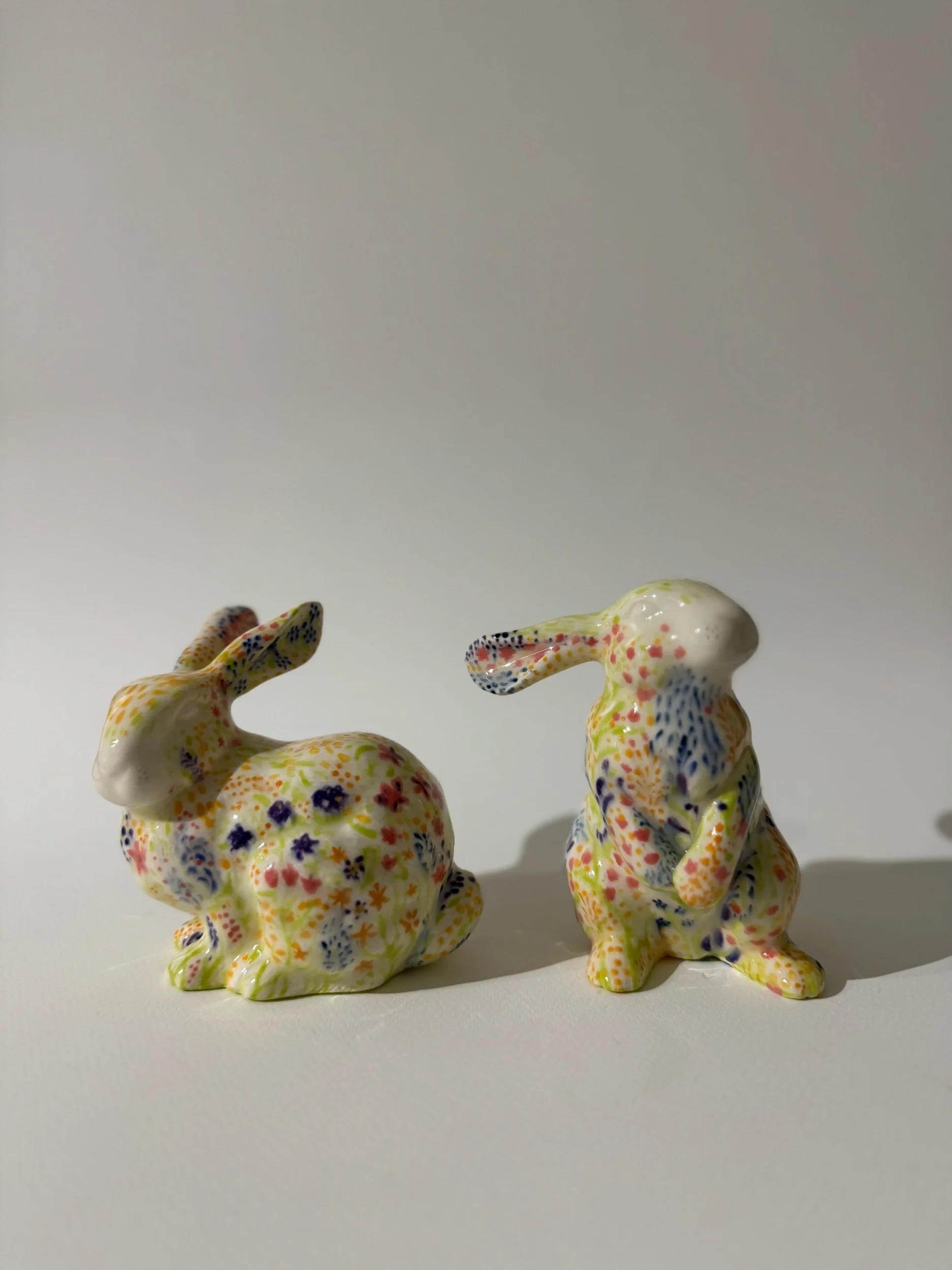 Garden Bunnies - A Pair of Rabbit Ceramic Statues