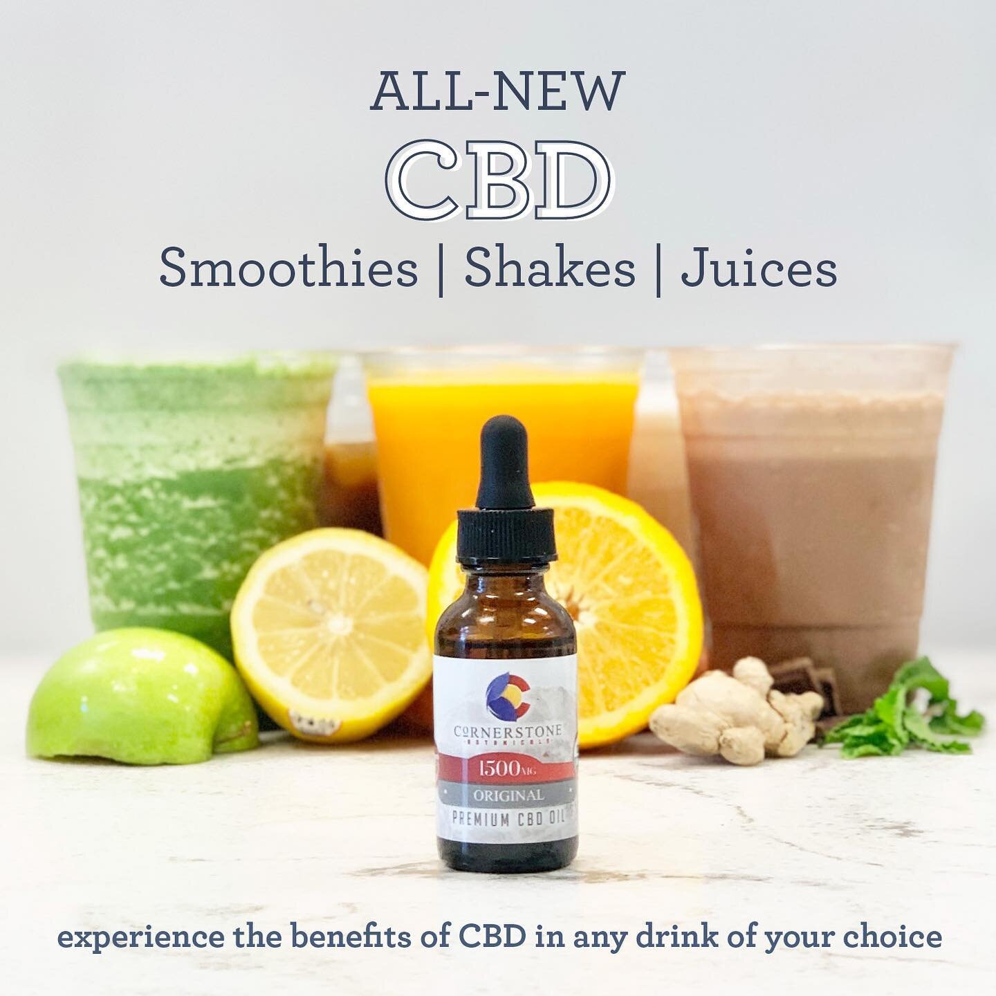 🌿 SUPER EXCITING NEWS ⭐️ We have added CBD as a new ingredient to our smoothies and shakes! 

Now you can add CBD to any drink and experience the benefits!

We&rsquo;ve partnered with an incredible local, family-owned company, Cornerstone Botanicals