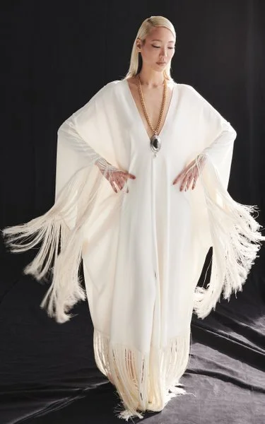 Fringed Stretch-Silk Caftan