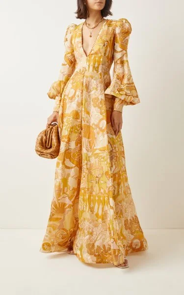 Tempo Puff - Sleeve Printed Linen Silk Gown