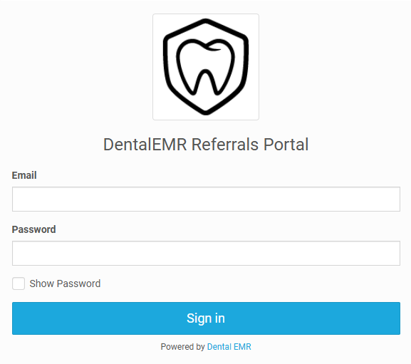 DentalEMR Referrals Portal login page with a tooth logo and fields for email and password.