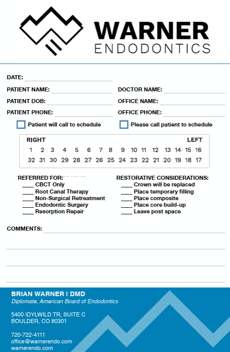 Fillable PDF referral form for Warner Endodontics.