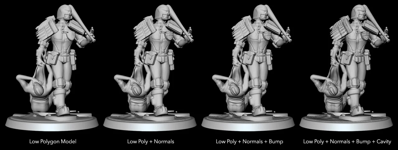 Normal maps extracted in Maya and xNormal. Bump and Cavity maps extracted in Mudbox. Left to right – maps applied to a low poly version of the model in Mudbox.