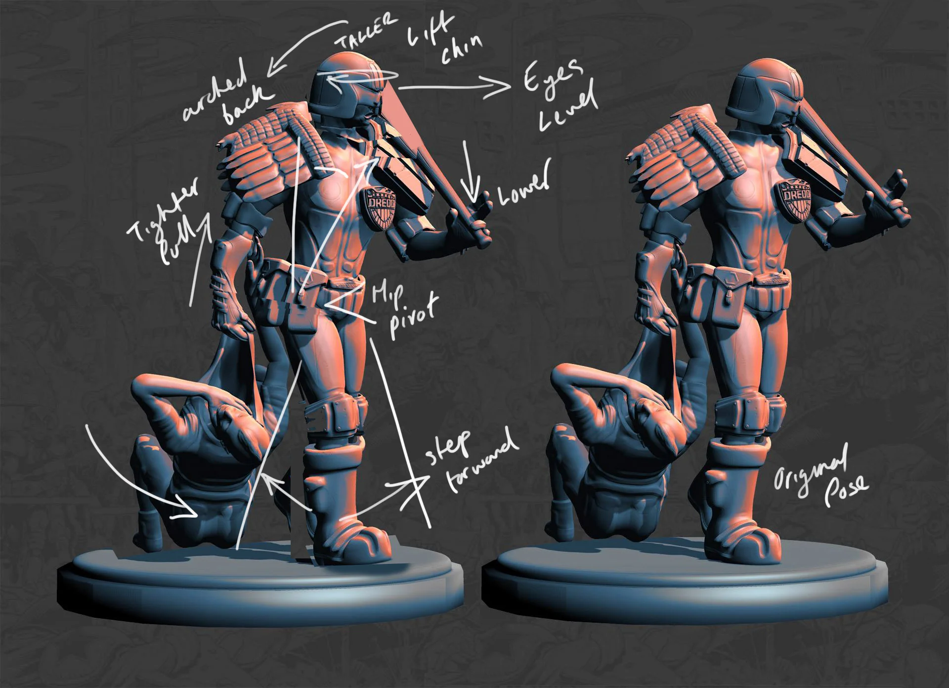 Close to sculpting completion I output some renders to share with the CGI community. I used this opportunity to strengthen the pose. In the above image I quickly hacked pieces on the left in Photoshop to aim for a more determined look with Dredd's head lifted, a mid-stride pose with forward momentum and a tighter pull on the thug.