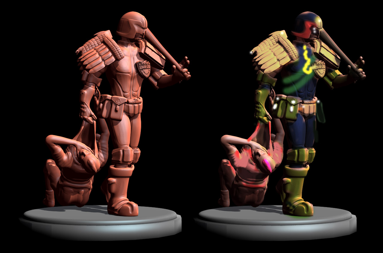 I also used this opportunity to try and very quick down-and-dirty paint over in Photoshop as a color guide for the final model. Note how the pose is different from the final model.
