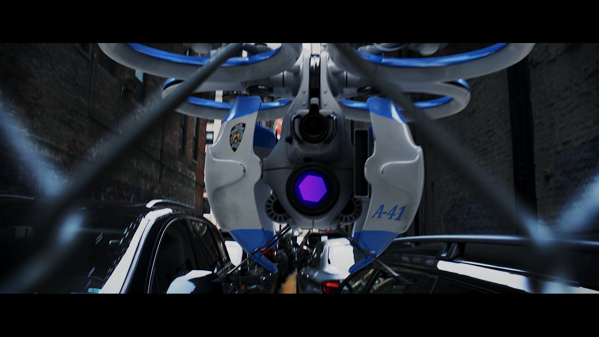 INCORRECT: With just the HDRI the drone appears brighter and light reflections on the left and right represent the street where the camera was positioned, not the alleyway. Lighting remains the same throughout the animation.