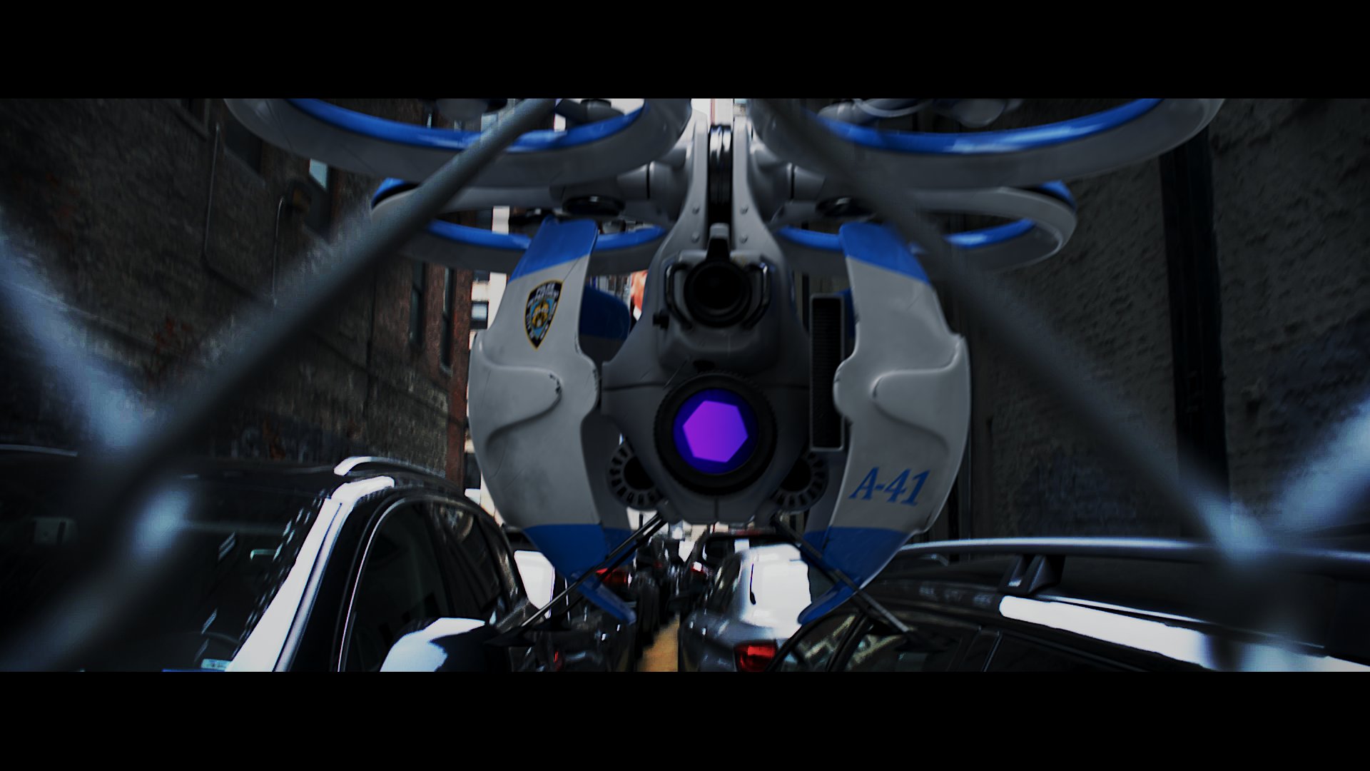 CORRECT: With the lighting set in combination with the HDRI, the drone is appropriately more darker, with daylight only visible from the sky above. Lighting conditions subtly change as the animated drone drops into view.