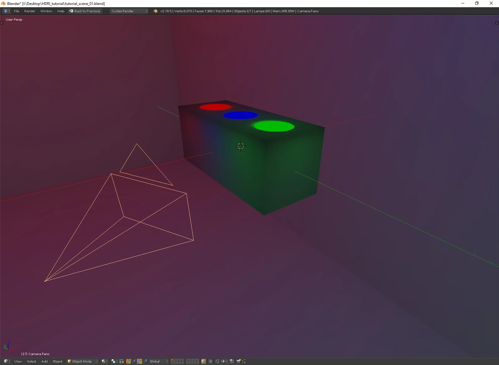 The Lighting Set surrounded by the HDRI. Suzanne is inside the rectangular set. The selected camera is the render camera for the animation.
