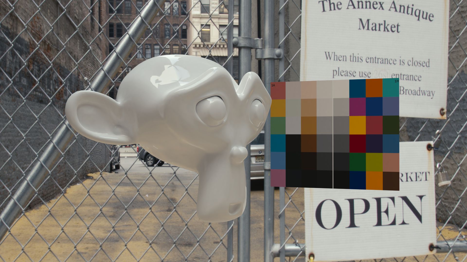 CORRECT: Using the Lighting Set in combination with the HDRI darkens Suzanne appropriately for the alleyway and the set geometry occludes some buildings in her reflection. She also takes on more of the ambient yellow from the ground.