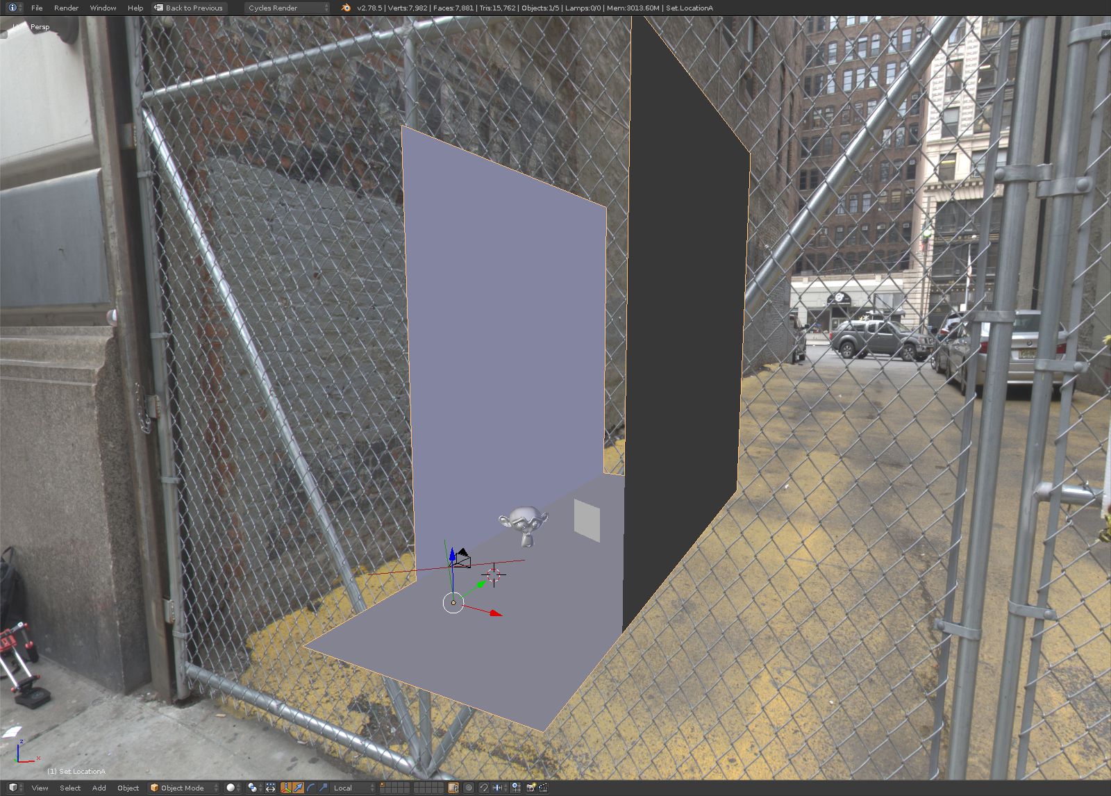 My simple set. Two walls either side of the alleyway, the ground, and the sidewalk. Note the position of Suzanne and a color-checker card.
