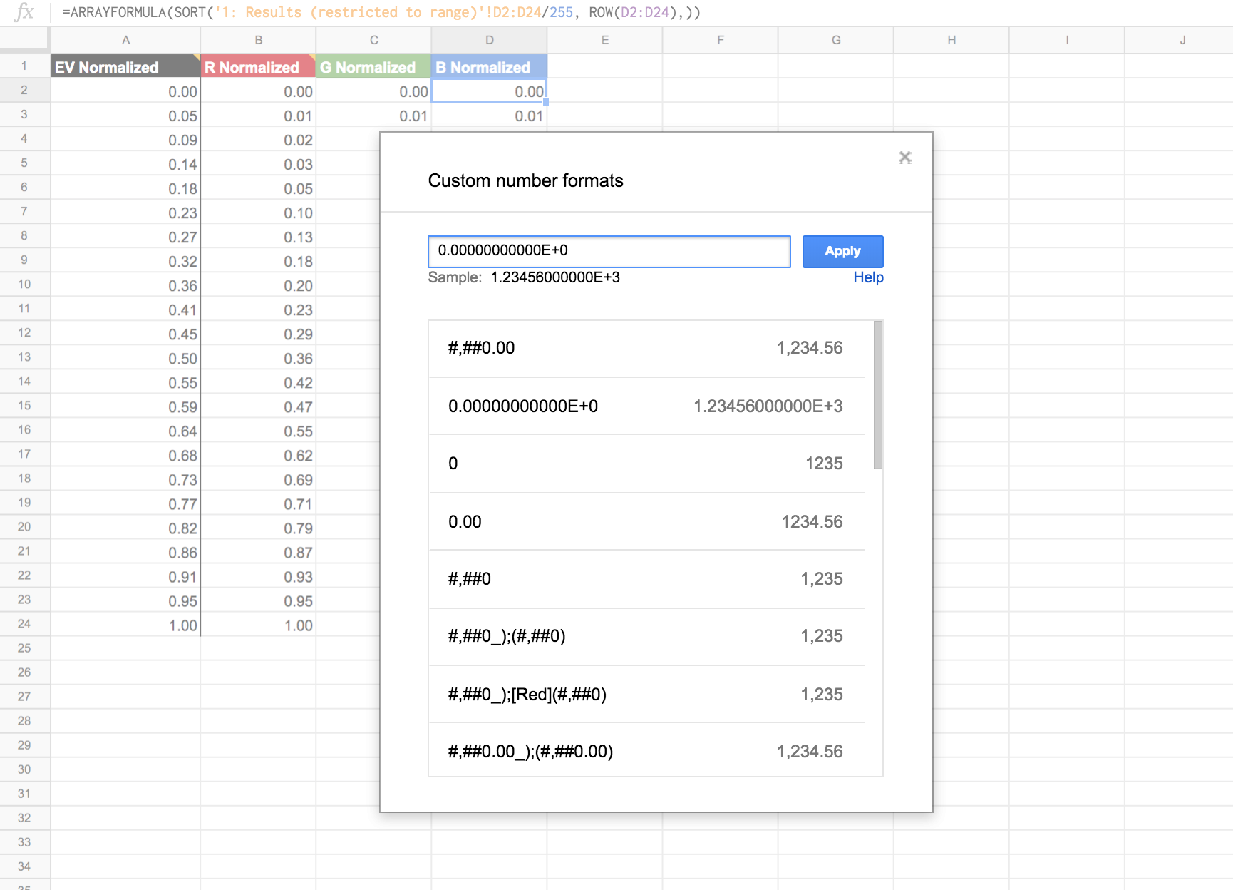 A view of the custom number format menu.