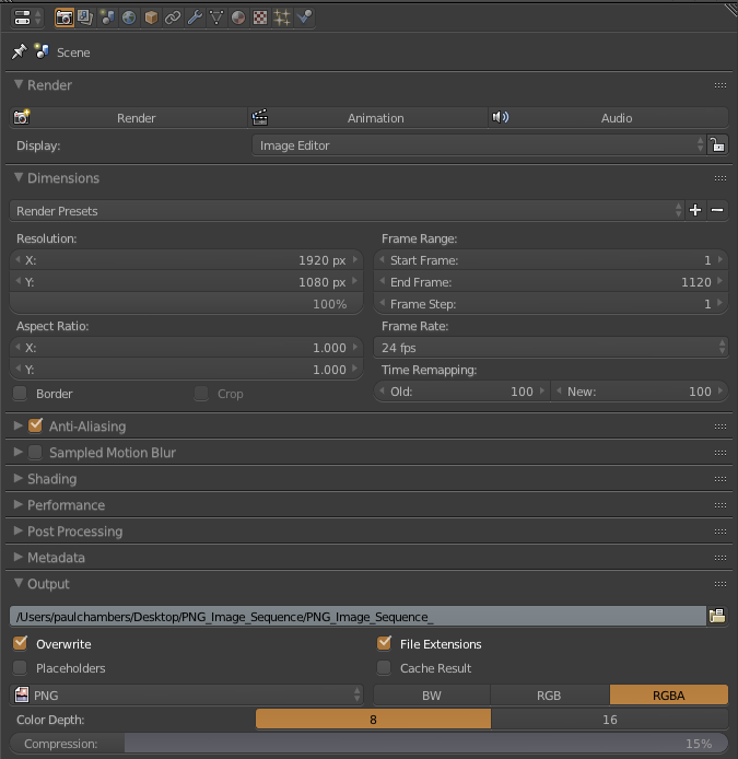 Setting up the correct render resolution, frame range, and PNG output.