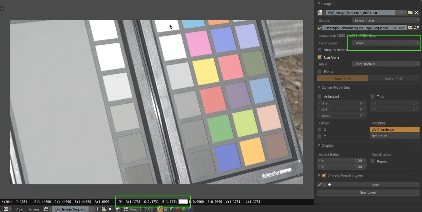 Loading an OpenEXR frame back in (note its color space is Linear) confirms our Scene Referred Space RGB values have been “baked” into the image.