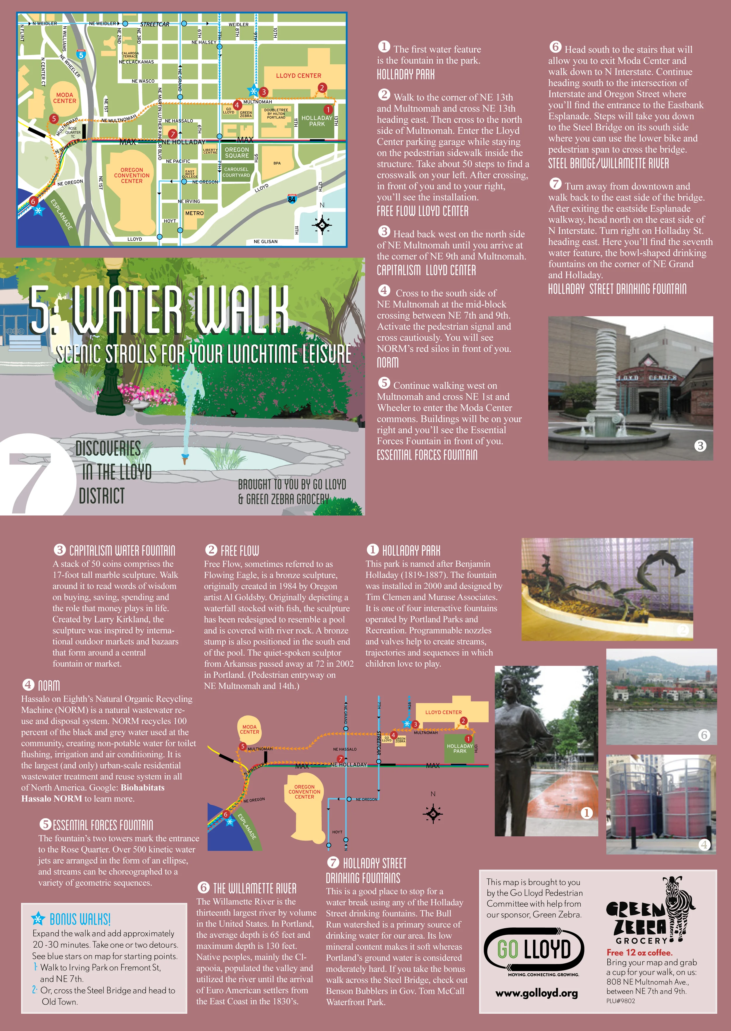 WATER WALK Distance : 2.27 miles Time : 35 to 40 minutes Start : NE 13th & NE Holladay End : NE 7th & NE Holladay Estimated steps : 5170
