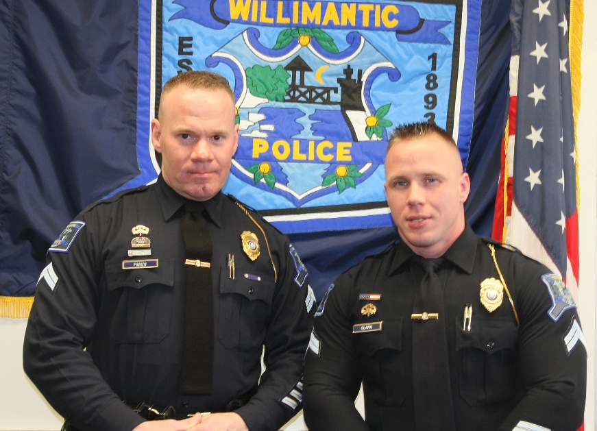 Two generations overlap as Corporal Stan Parizo welcomes newly promoted Corporal Josh Clark aboard the supervisory team.