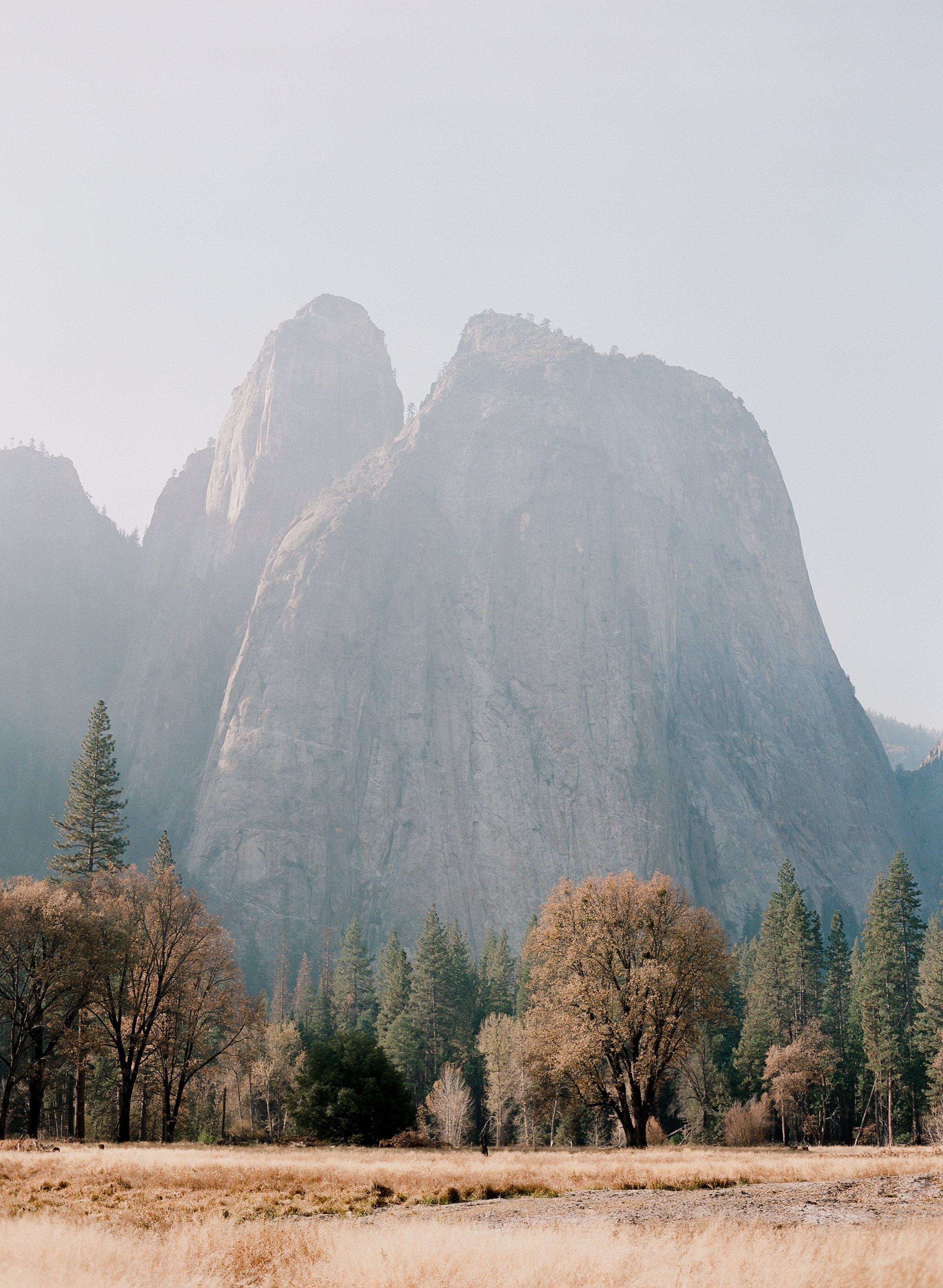 Cathedral Rock From El Capitan Meadow, Smoke