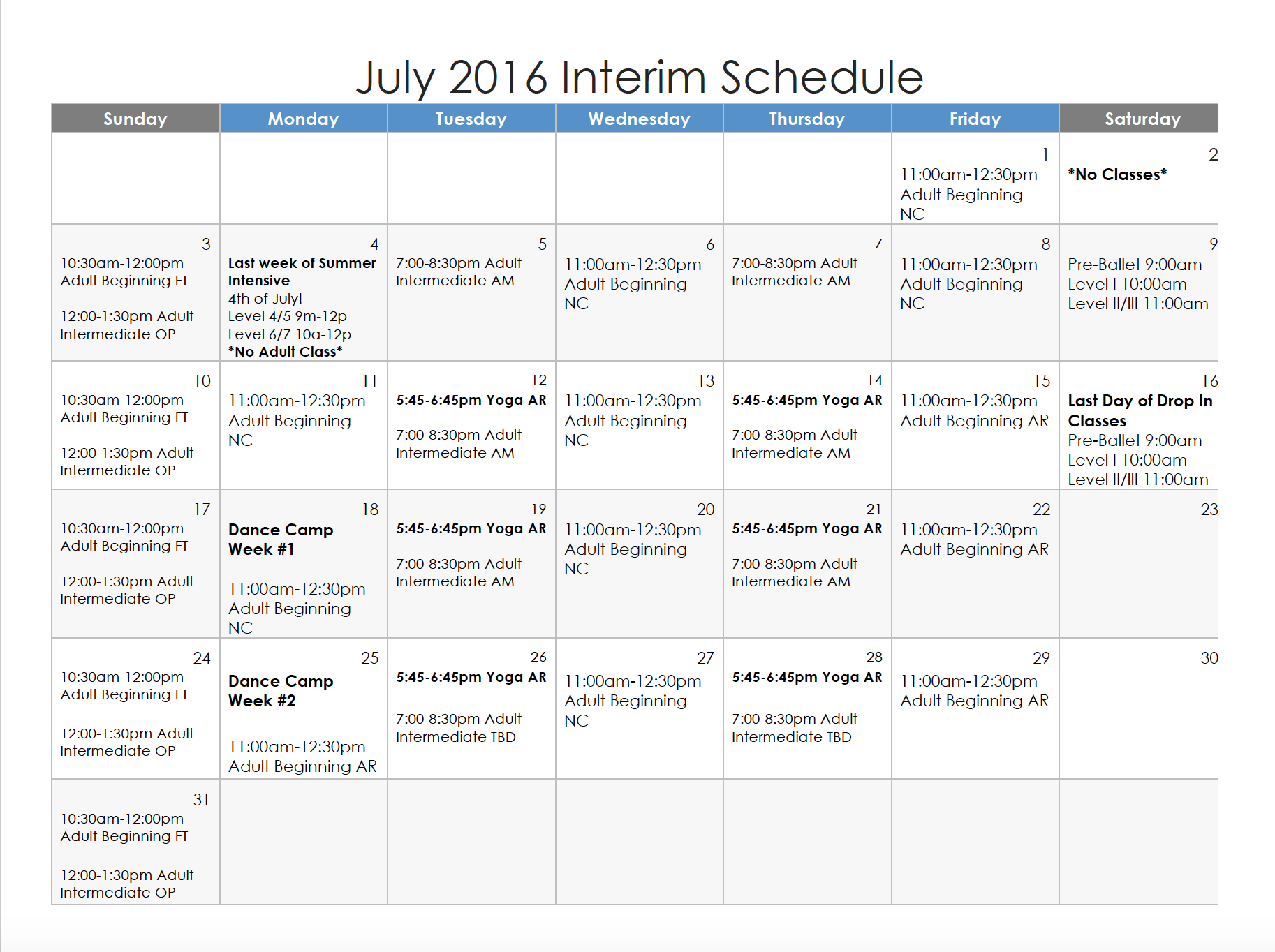 July Interim Schedule