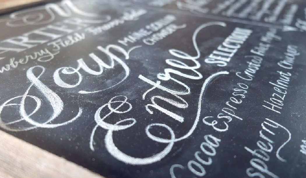 Wedding cocktail hour chalkboard lettering by www.chavelli.com