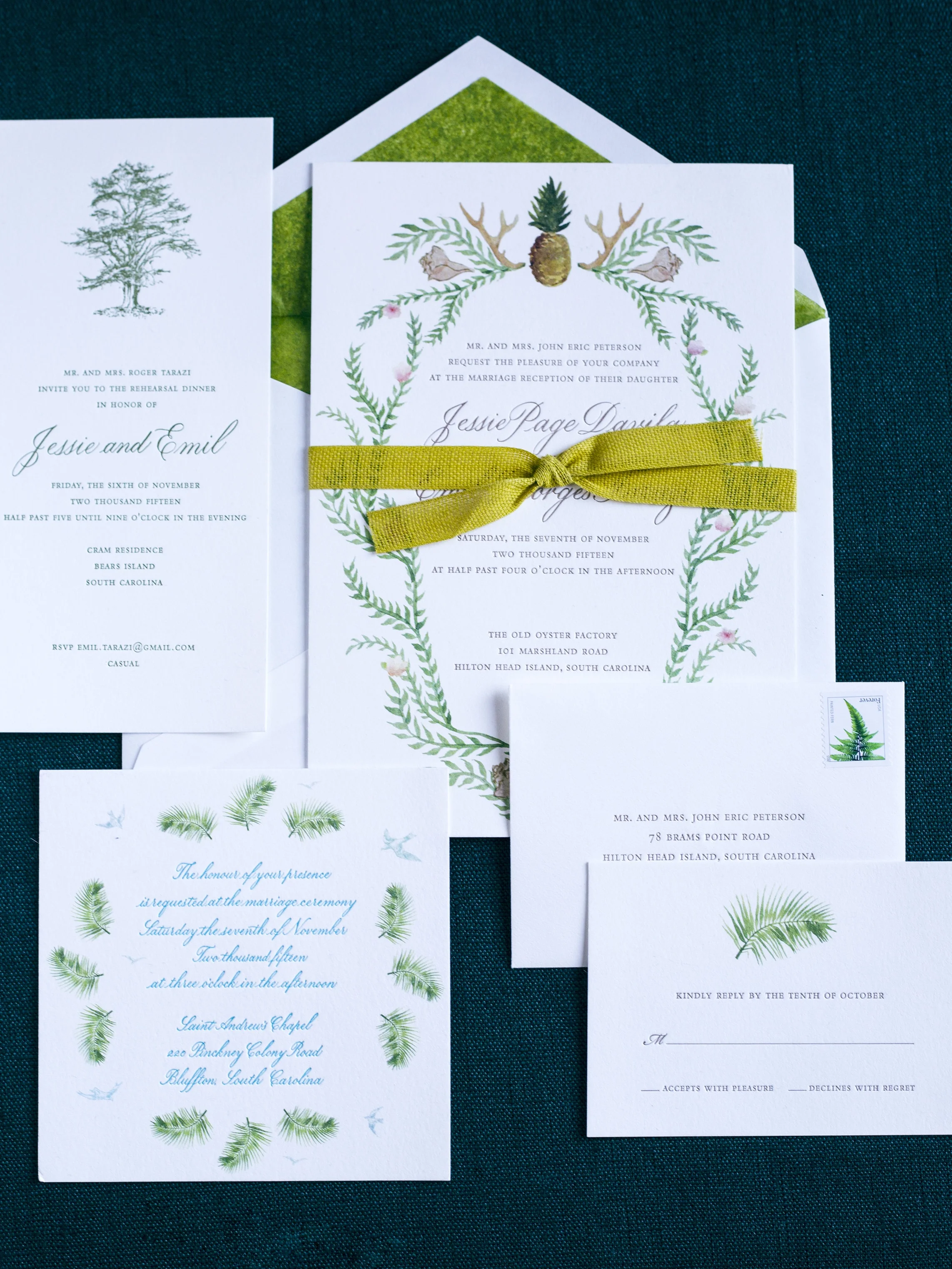 Letterpress printed South Carolina flora and fauna themed wedding invitation, with hand-calligraphy and watercolor // designed by www.chavelli.com
