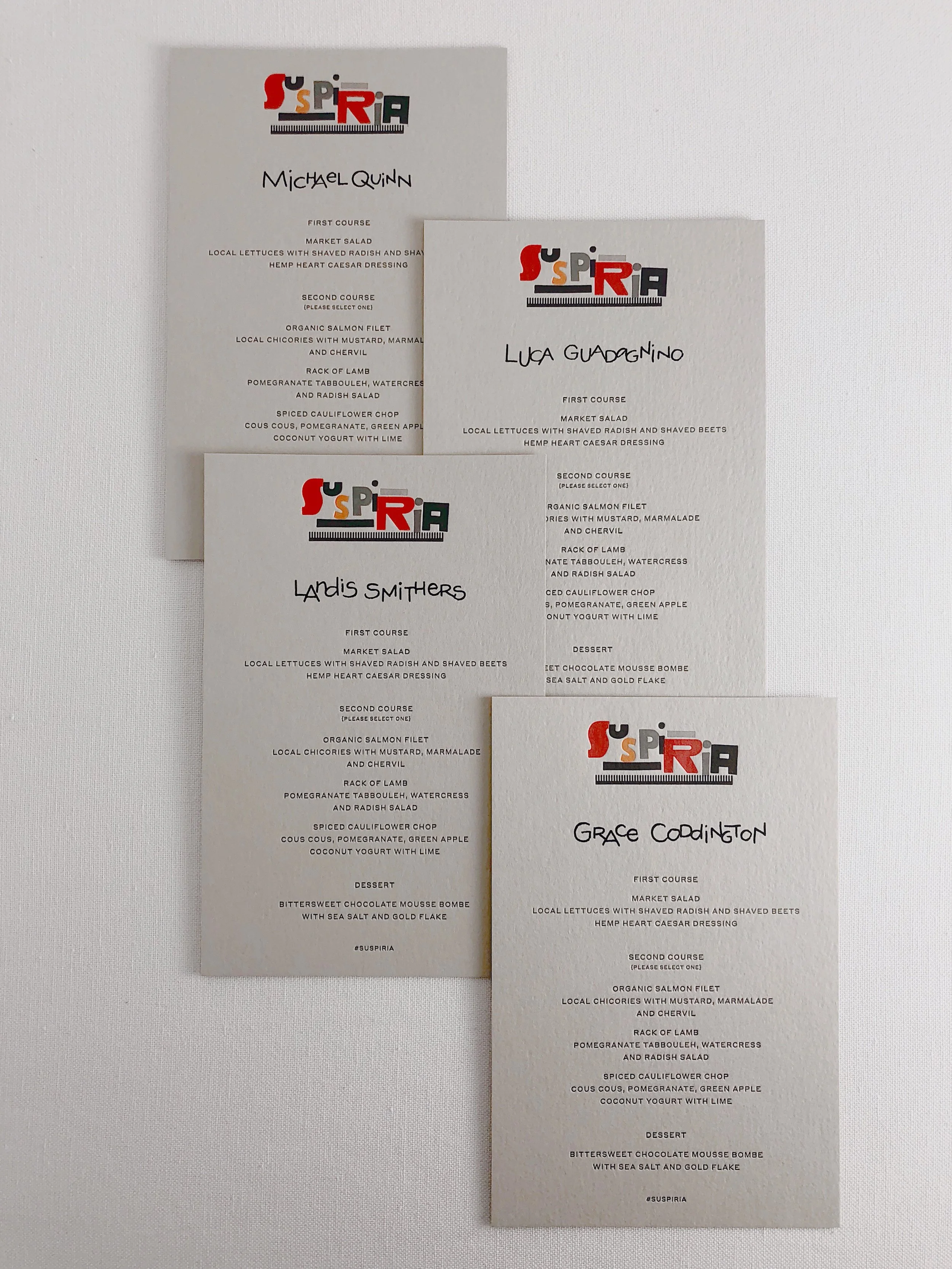 Suspiria dinner menus with whimsical lettering // calligraphy by Chavelli www.chavelli.com
