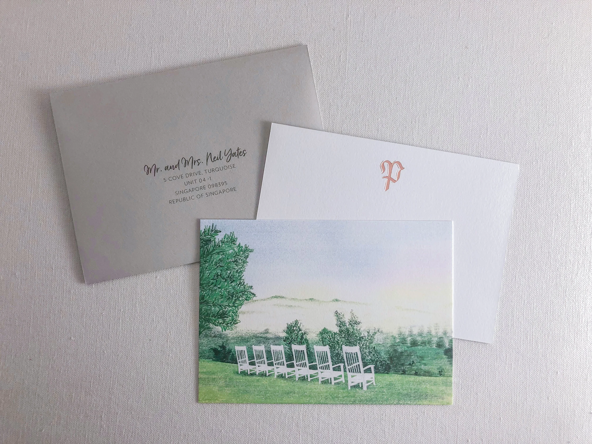 Wedding Thank you Cards with a custom hand-drawn Blackberry Farm venue scene and rose gold foil monogram // designed by Chavelli www.chavelli.com