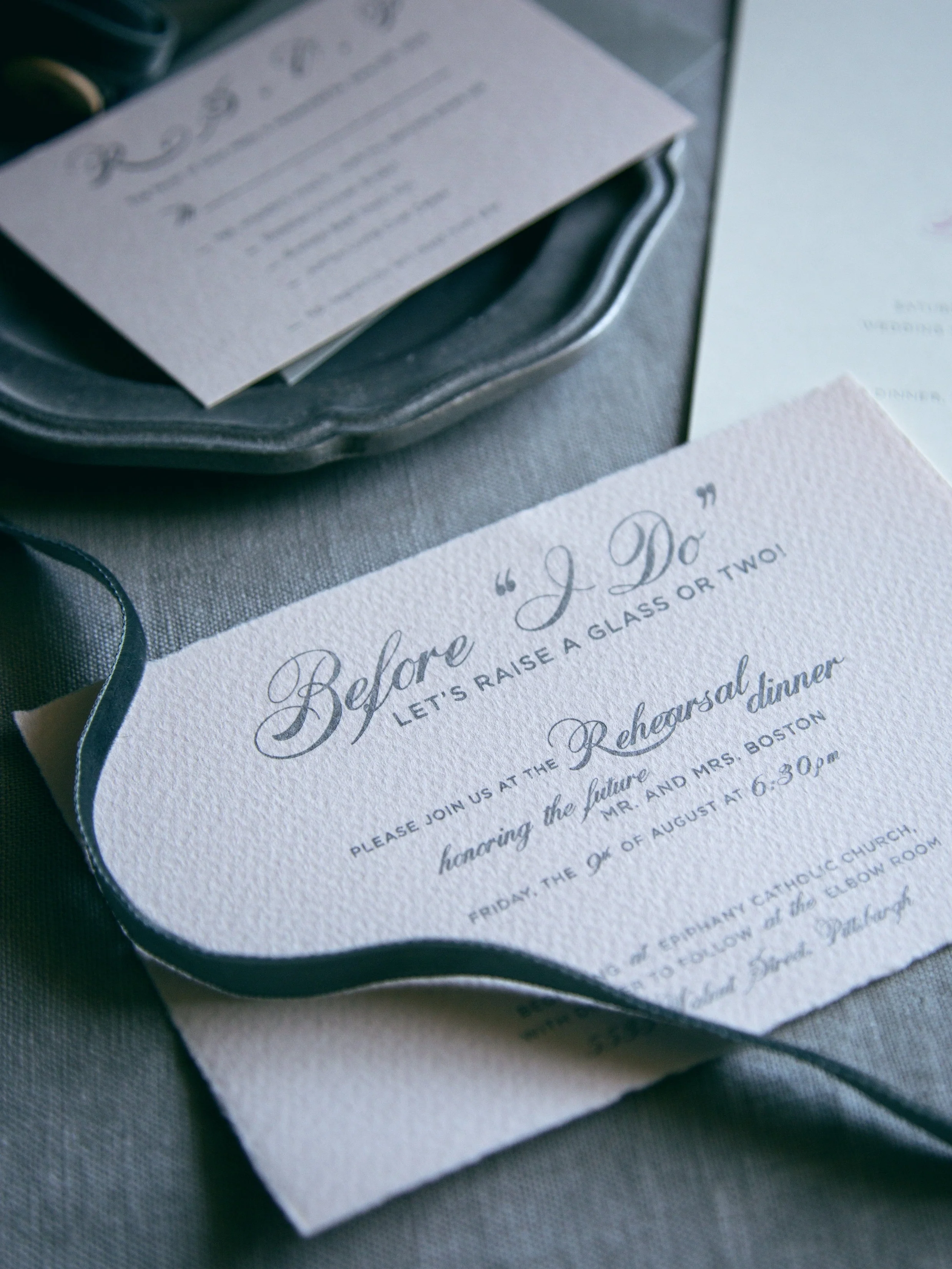 Letterpress Printed Rehearsal Dinner Invitation, silver ink on textured blush pink paper // designed by Chavelli www.chavelli