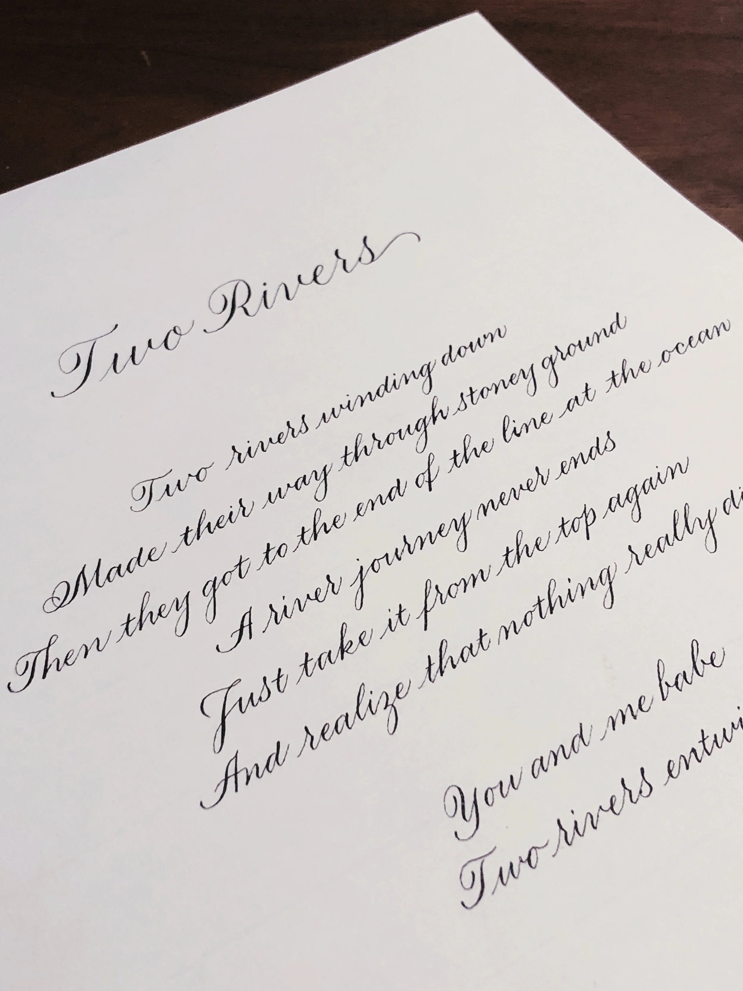 Original song lyrics written in copperplate calligraphy for a 1st (paper) wedding anniversary // by www.chavelli.com