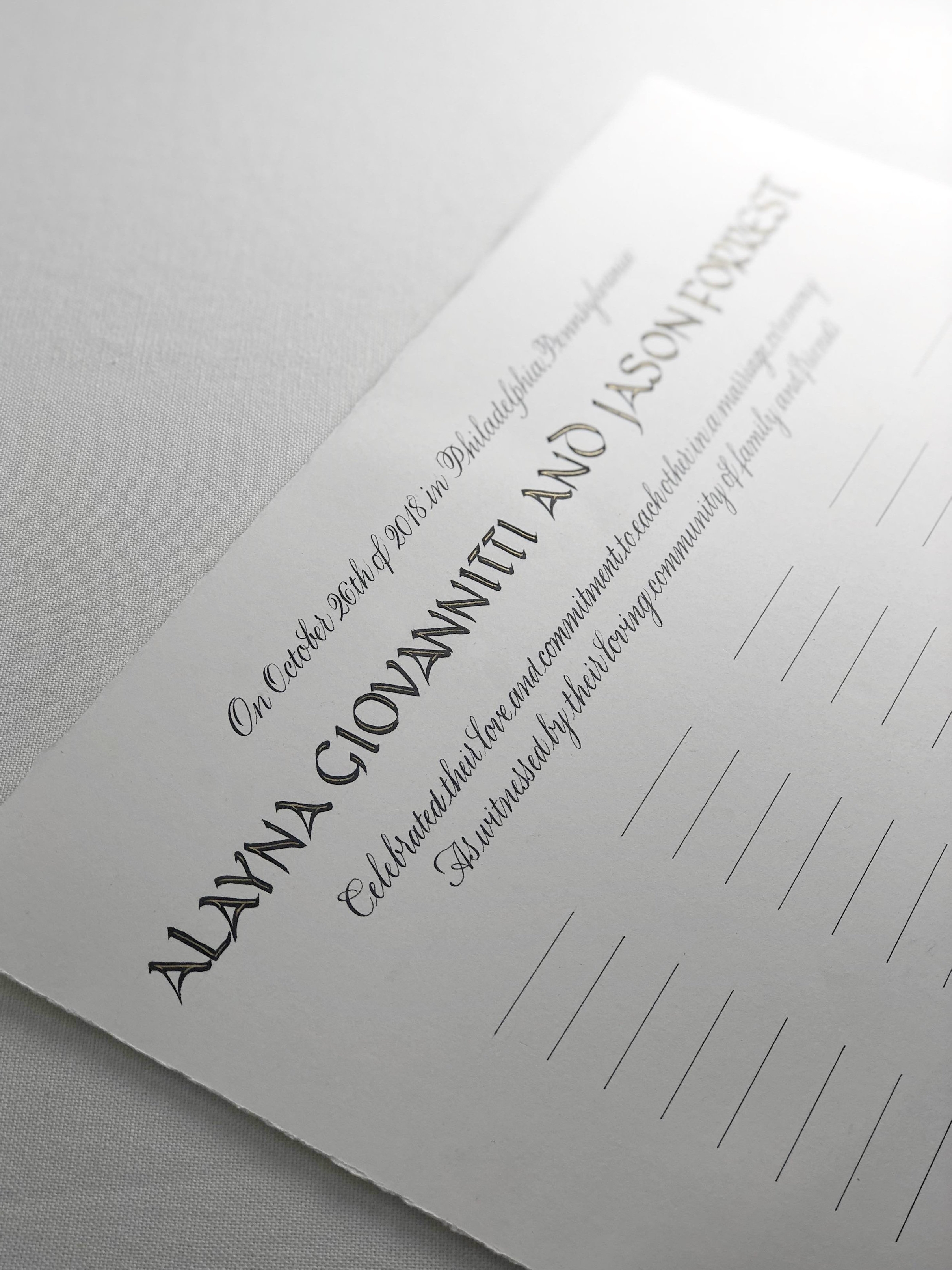 Wedding certificate with spaces for guests to sign. Uncial and copperplate script calligraphy // by www.chavelli.com