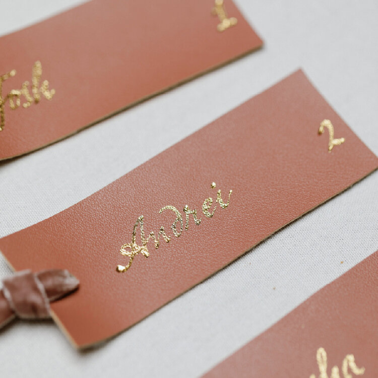 Wedding Rehearsal Dinner Leather Escort Cards in Gold Foil