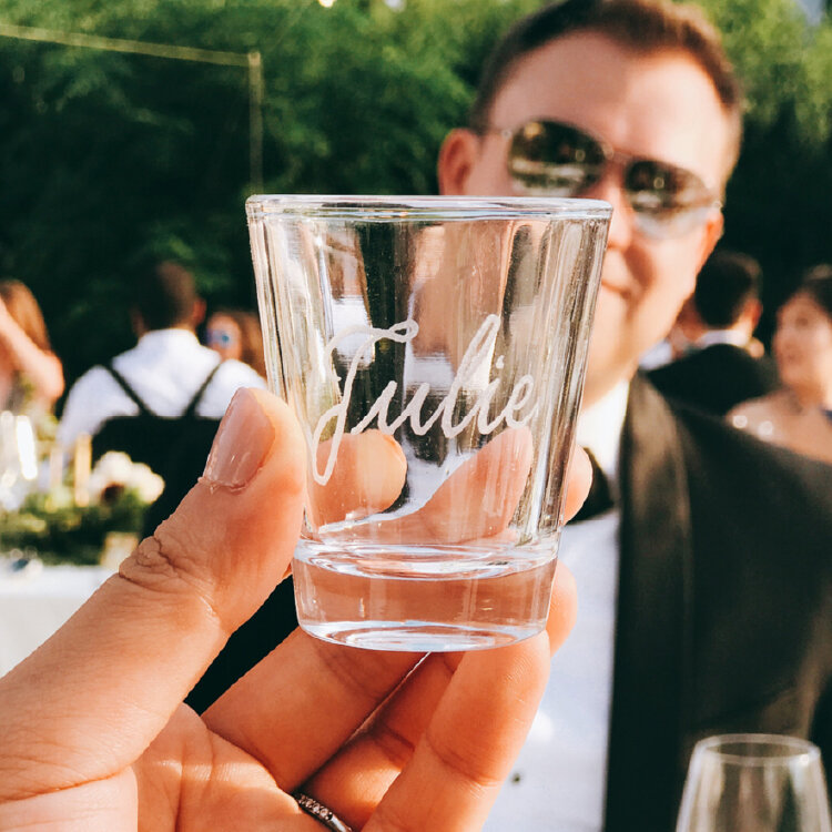 Calligraphy Engraved Wedding Place Card Glass