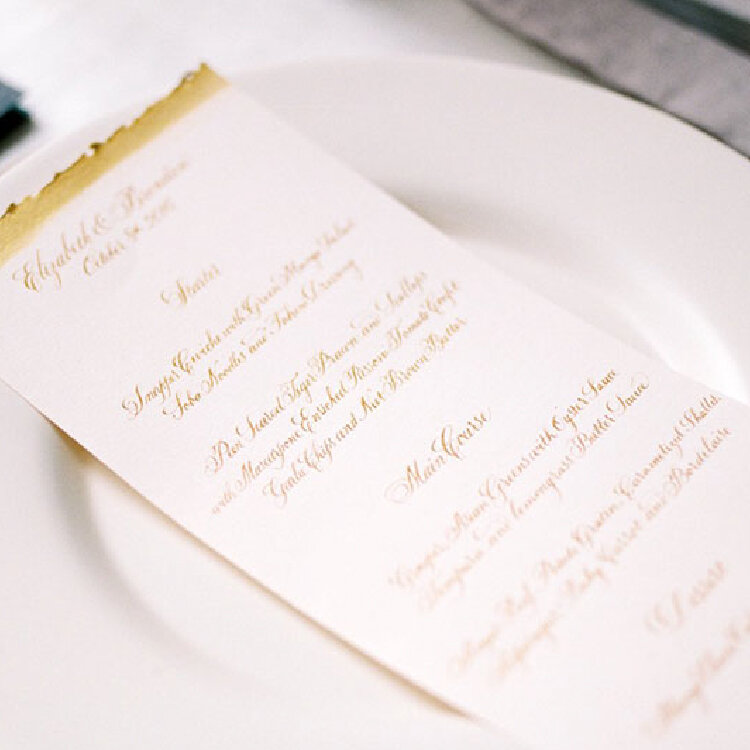 Wedding Dinner Menu in Gold Calligraphy