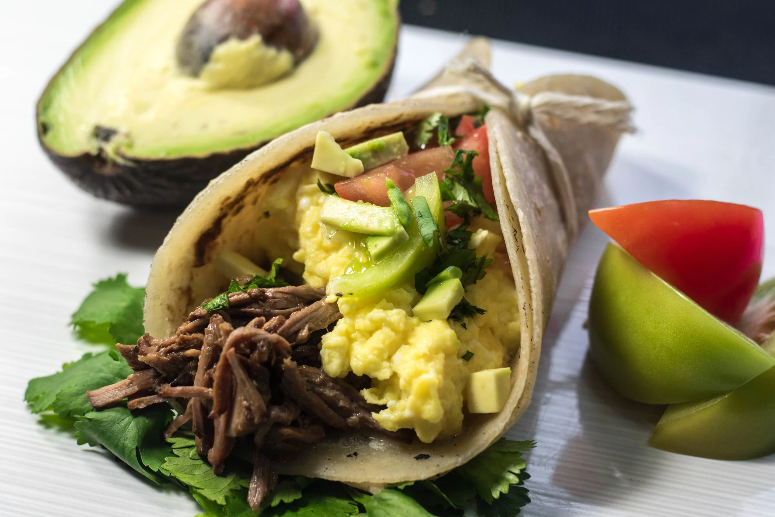 Barbacoa Breakfast Taco w/ Avacado & Fresh Pico