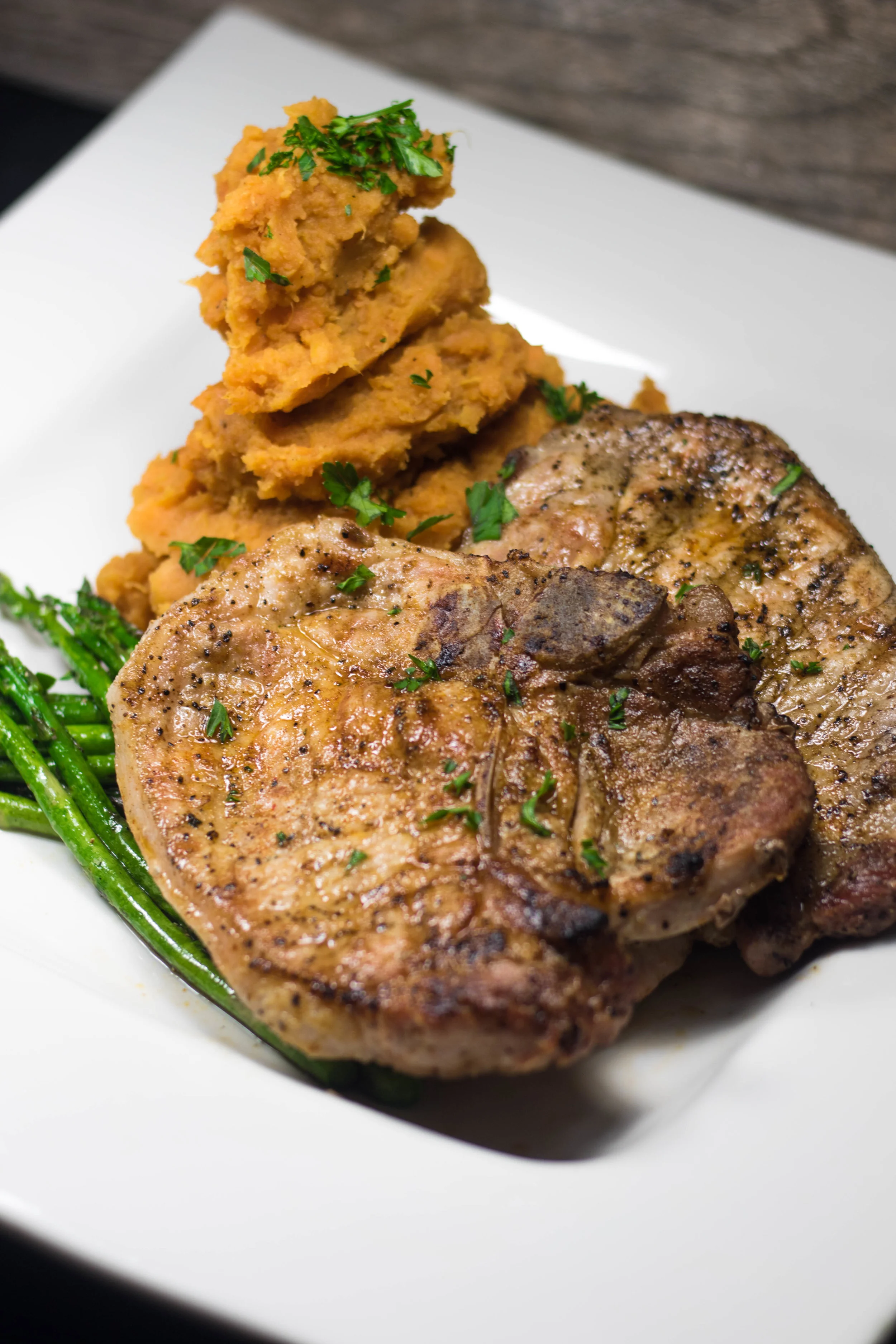 Grilled Pork Chops w/ Smashed Sweet Potatoes & Asparagus
