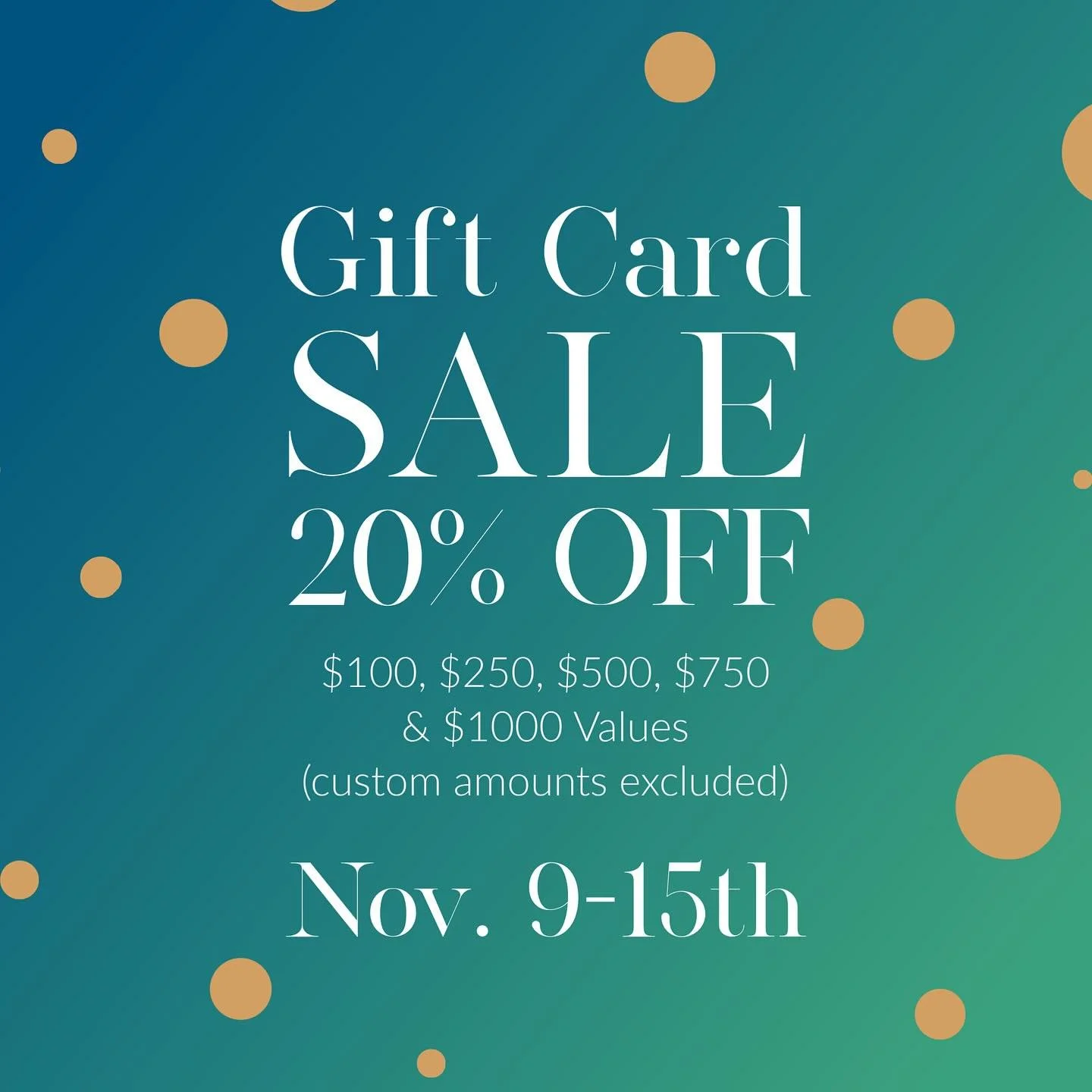 It&rsquo;s time for our annual Gift Card Sale! Now thru Nov. 15th, get 20% off values over $100. Stock up and save on all your services all year long! Choose the Anniversary Sale options online, custom amounts excluded.