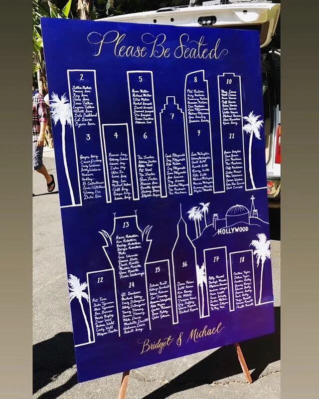I miss this (crazy) chapter in my life where I would be working on hand lettered chalkboards after work and on the weekends😅
.
This hand lettered seating chart was custom made for a Hollywood theme wedding with a navy and gold color scheme✨🎞🟦🟨
.

