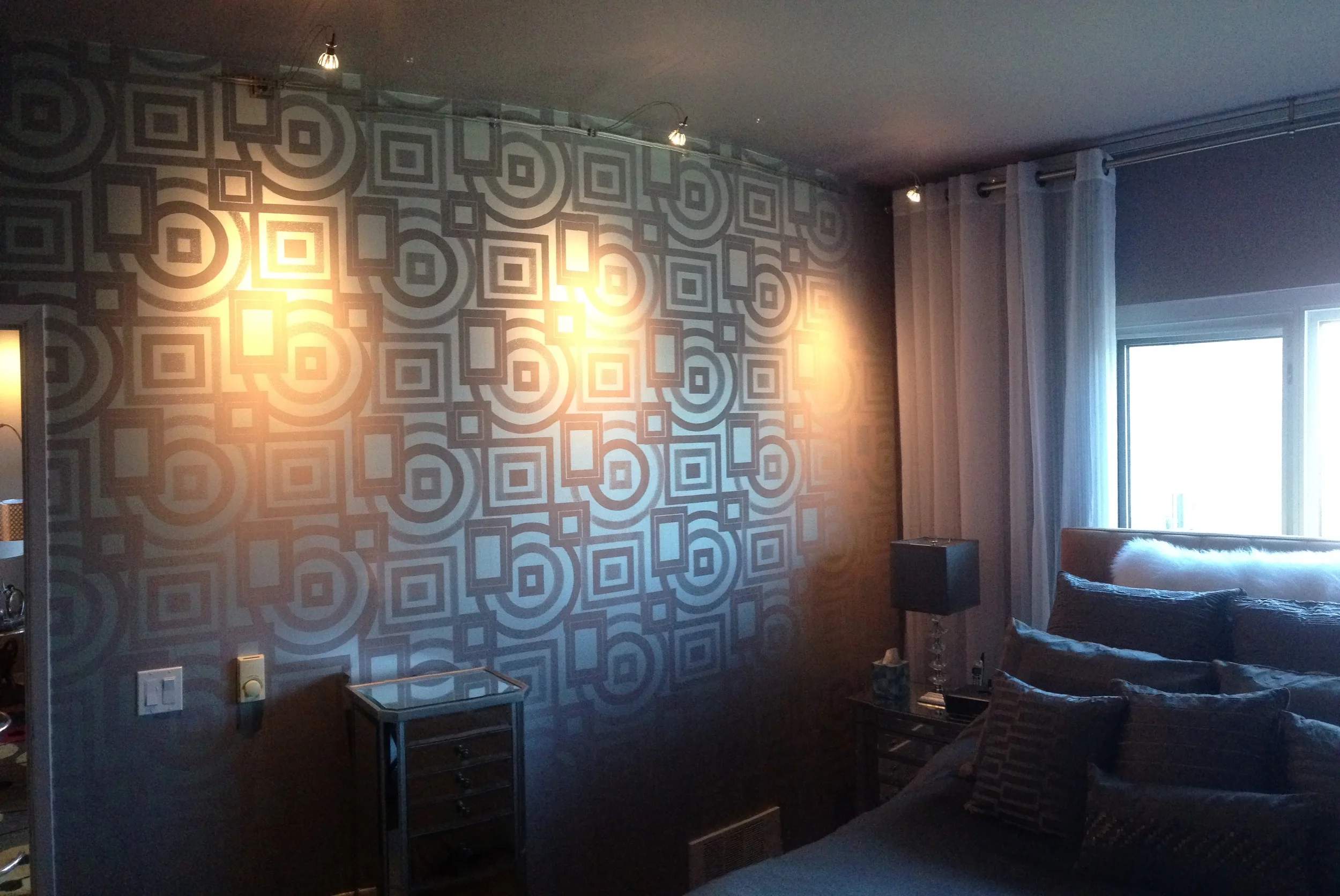  Wall paper application with &nbsp;picture lighting. &nbsp;Fixtures by Lighting Tech, Bulbs by Sorra. Essex condo building at Lake Merritt, Oakland 